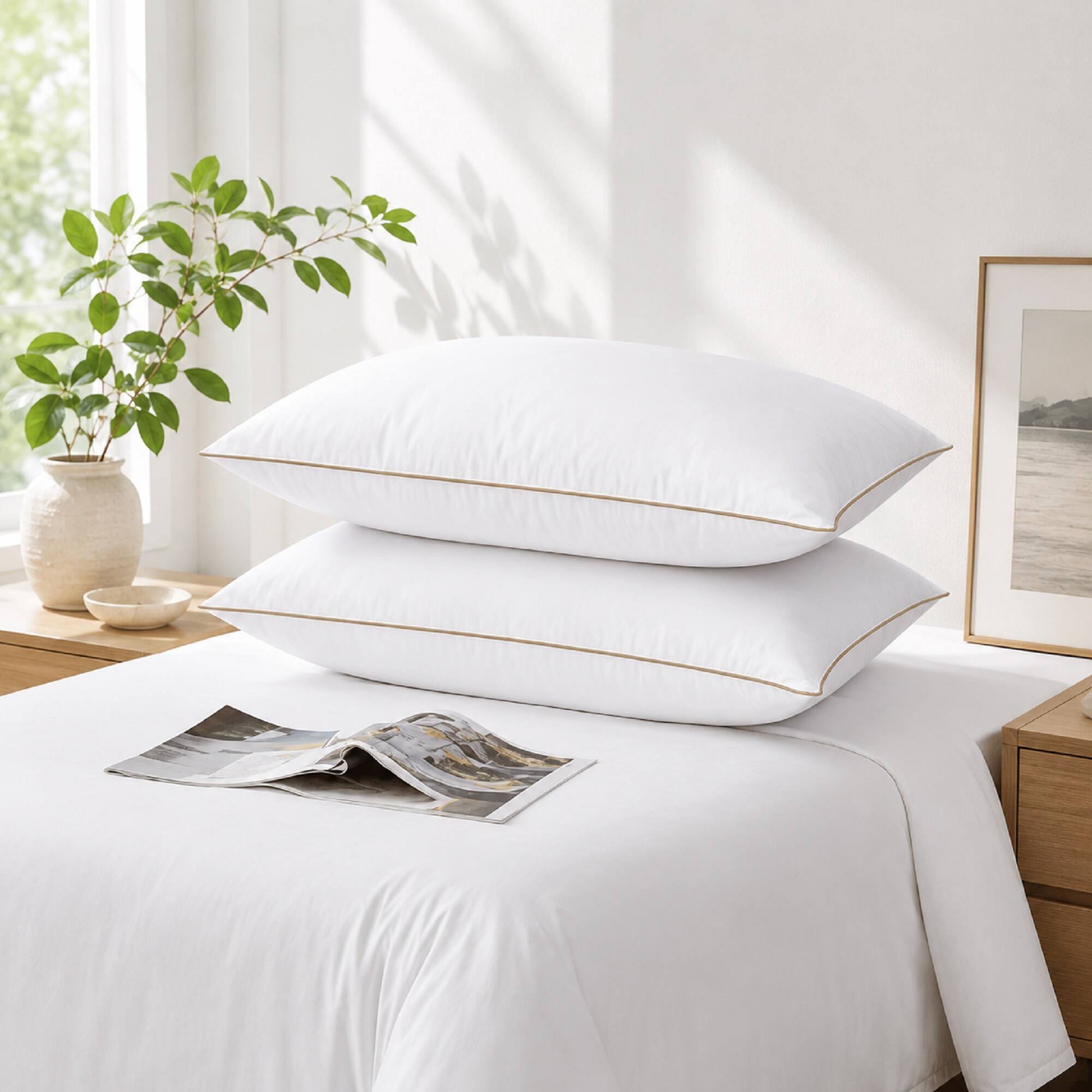 Front. Peace Nest - Peace Nest Goose Feather Bed Pillows with Brown Piping Set of 2, Queen - White.