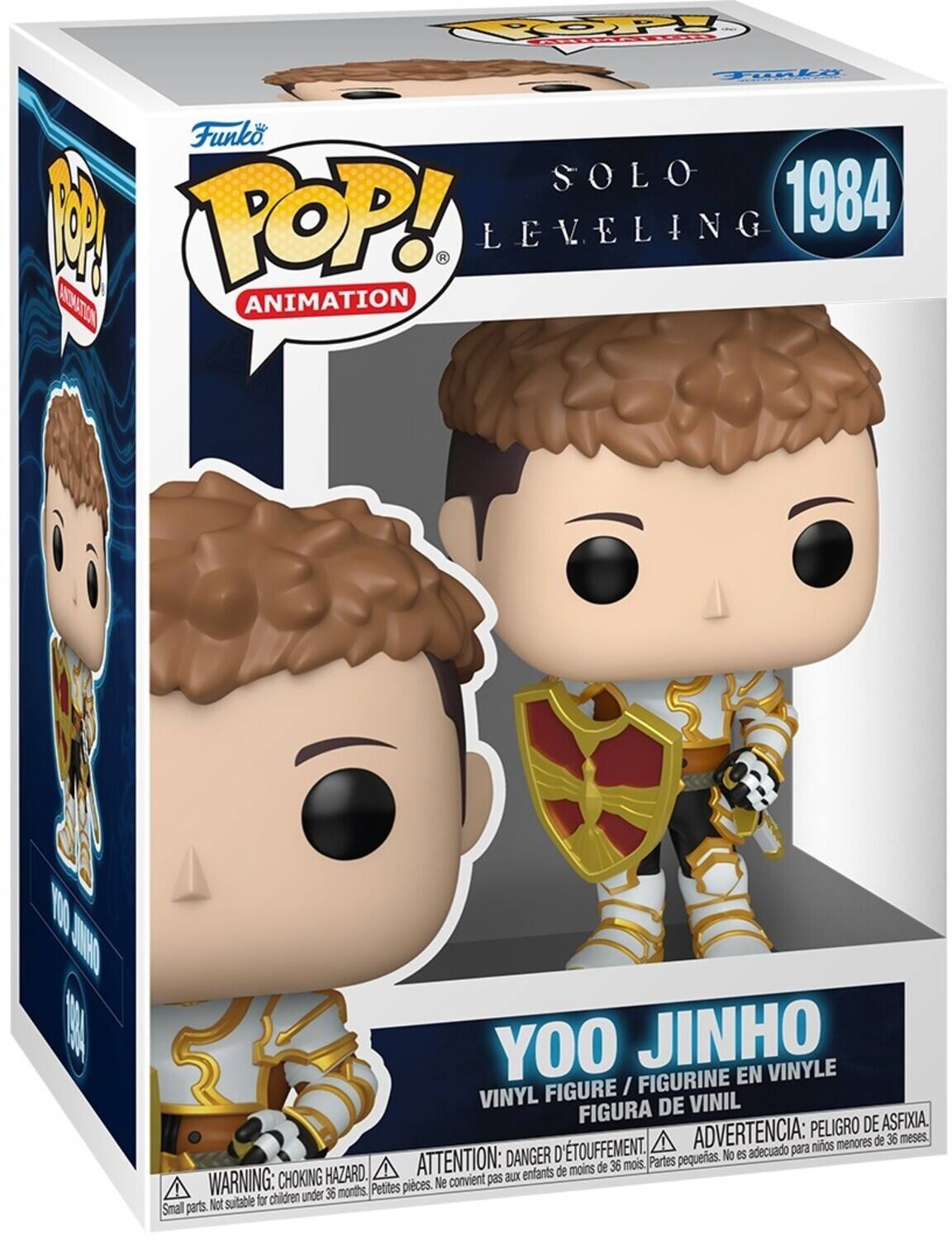 Sure, here is the corrected and grouped text from the image:

---

**Funko POP! ANIMATION**

**SOLO LEVELING**

**1984**

**YOO JINHO**

VINYL FIGURE / FIGURINE EN VINYLE / FIGURA DE VINIL

**WARNING: CHOKING HAZARD.** Small parts. Not suitable for children under 36 months.  
**ATTENTION: DANGER D'ÉTOUFFEMENT.** Petites pièces. Ne convient pas aux enfants de moins de 36 mois.  
**ADVERTENCIA: PELIGRO DE ASFIXIA.** No es adecuado para niños menores de 36 meses.

---

This text is organized to reflect the information on the packaging.