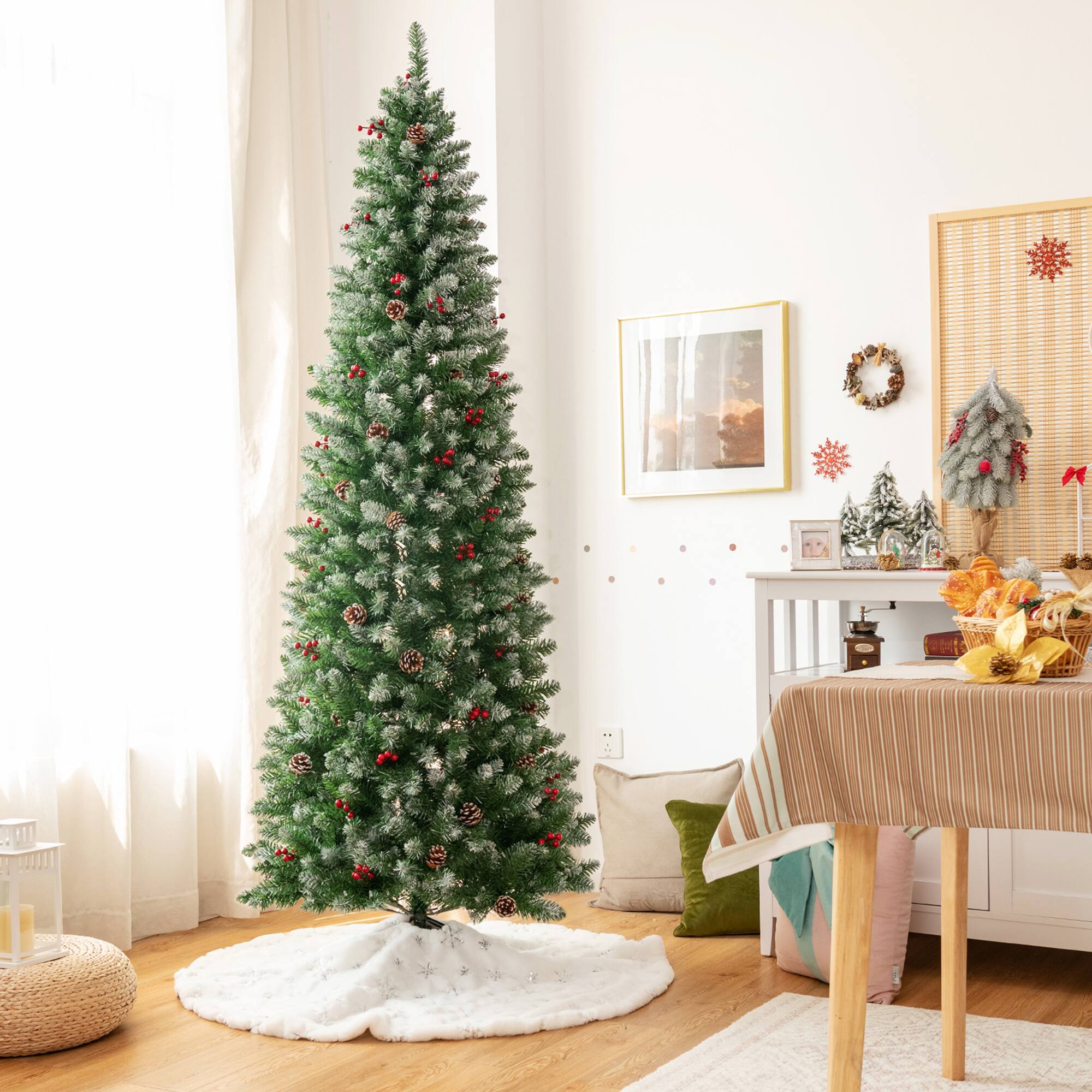 Alt View 2. Gymax - Gymax 7 FT Pre-lit Hinged Christmas Tree Artificial Pencil Xmas Tree w/ LED Lights - Green.