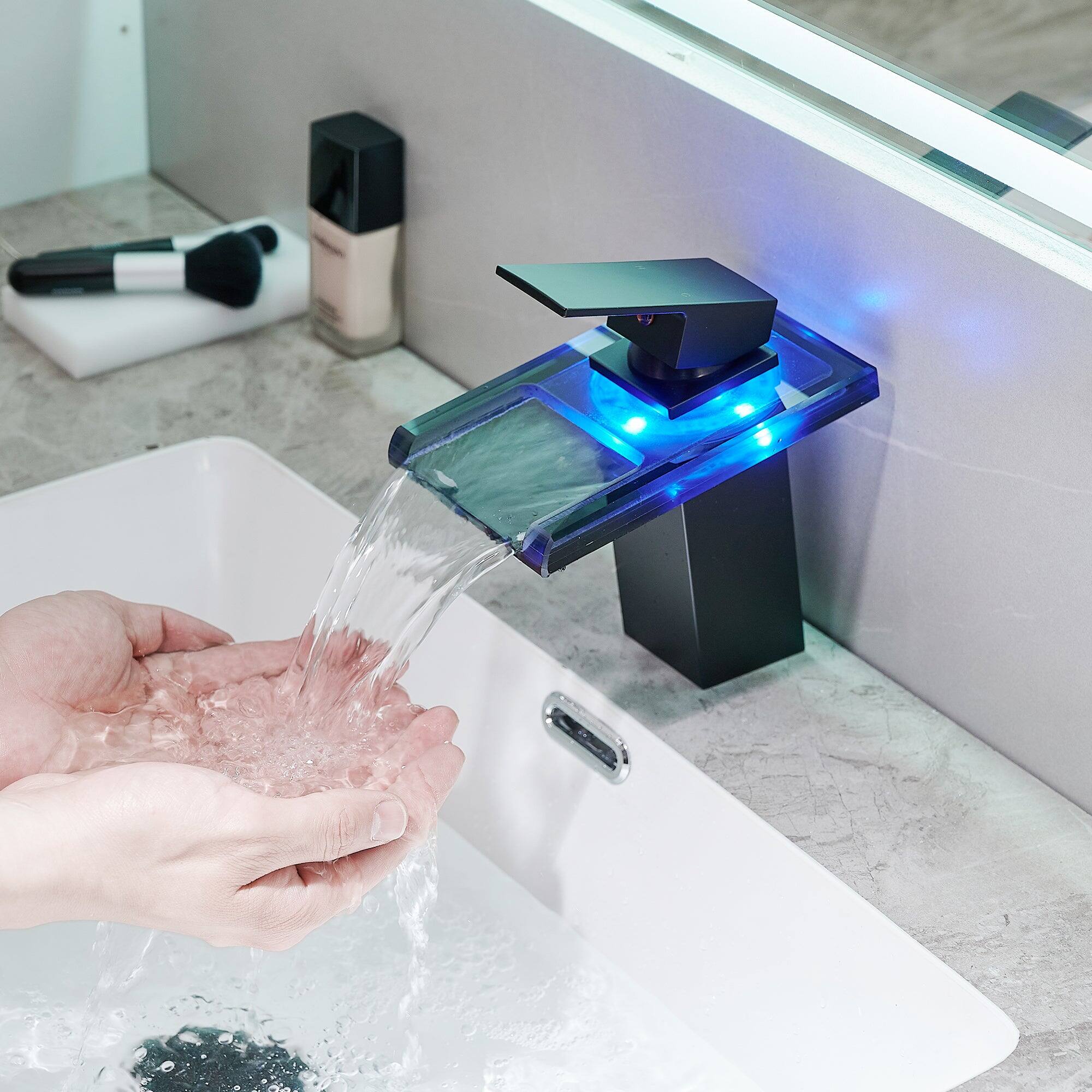 Back. Boyel Living - Brass Single Handle Single Hole Bathroom Faucet Matte Black with LED Temperature Sensor and Supply Hoses Easy Install - Matte Black.