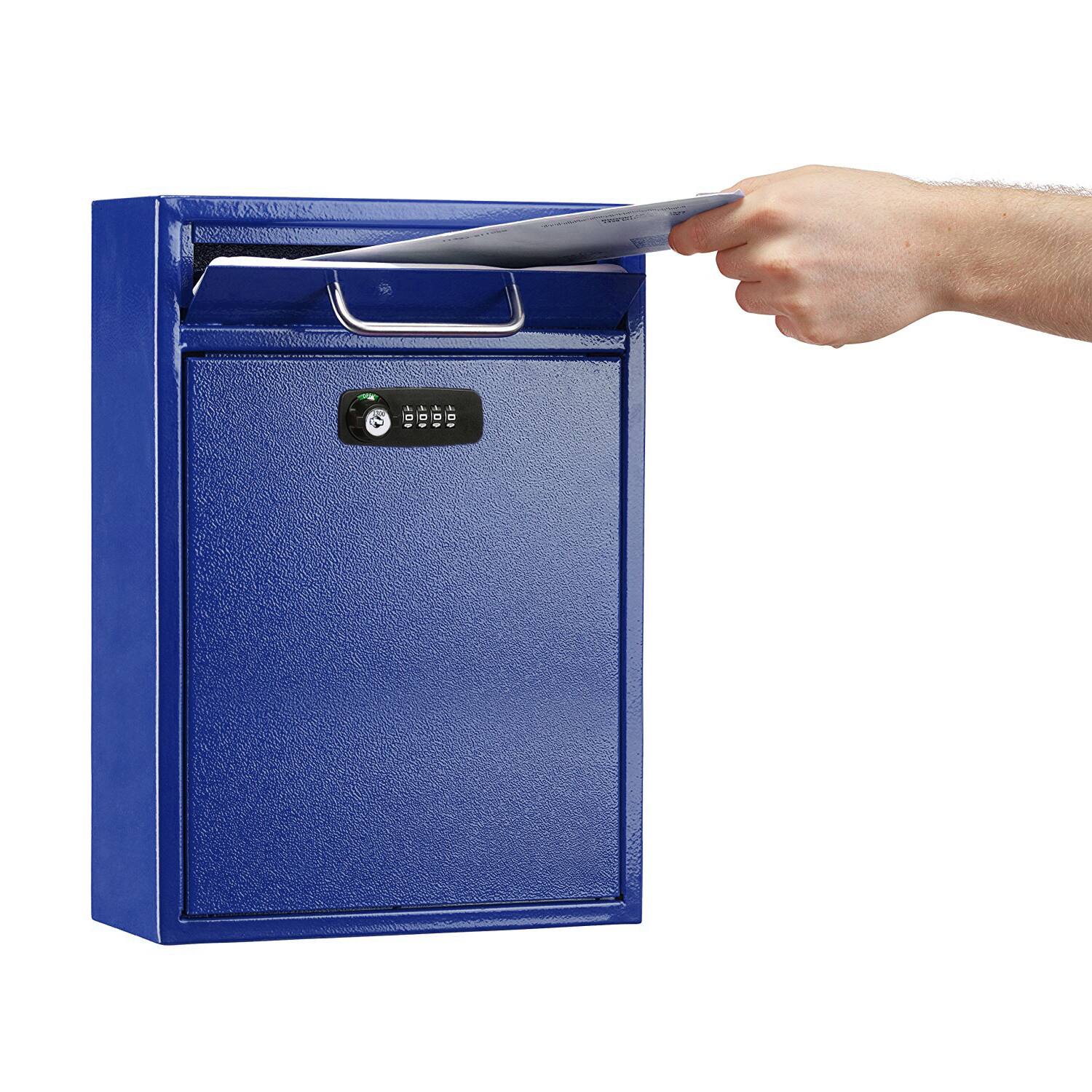 Left. AdirOffice - Safe Drop Box Large Steel Wall-Mounted Drop Box Mailbox with Combination Lock - Blue.
