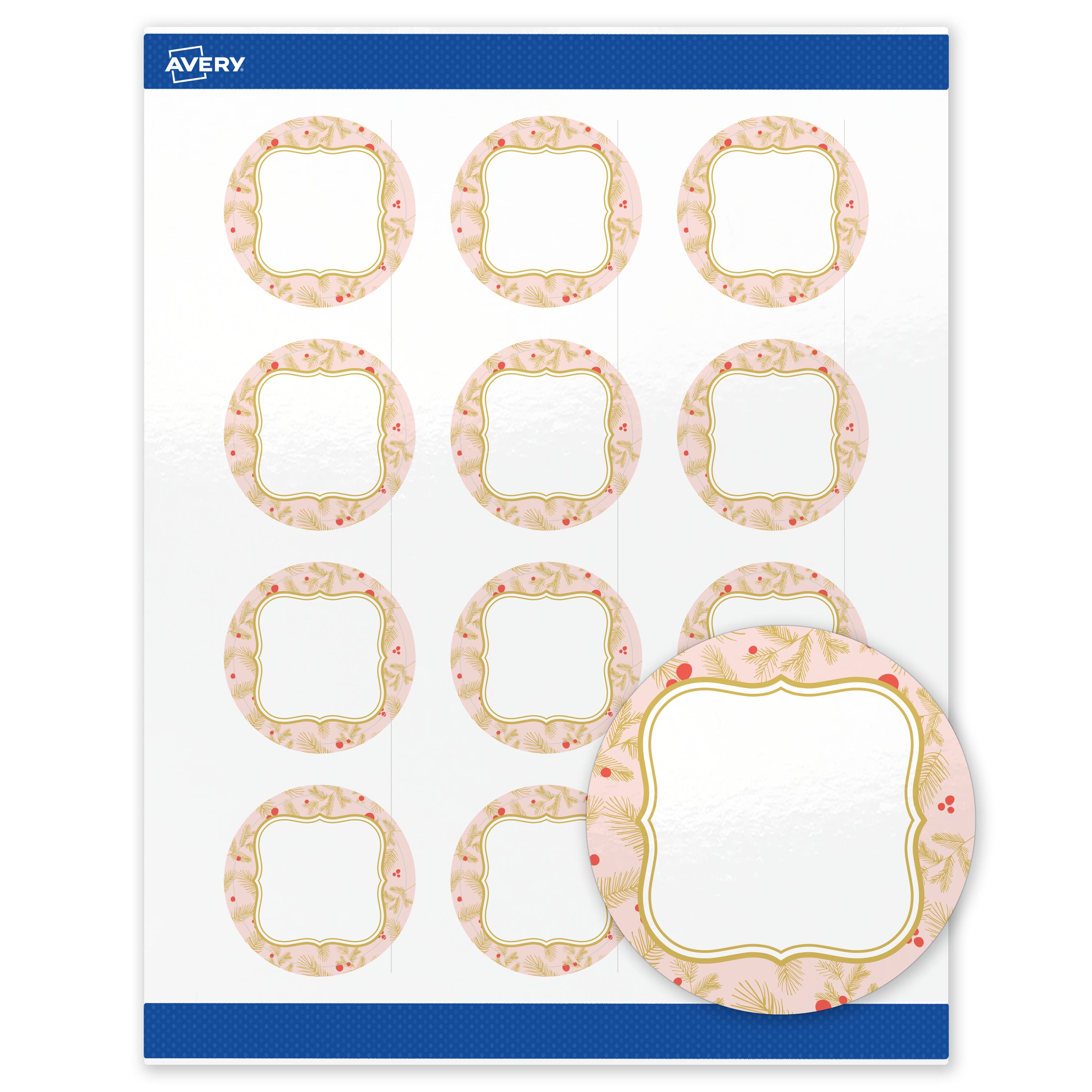 Avery - Avery® Labels, 2" Diameter, Glossy Pink & Metallic Gold Frame - White