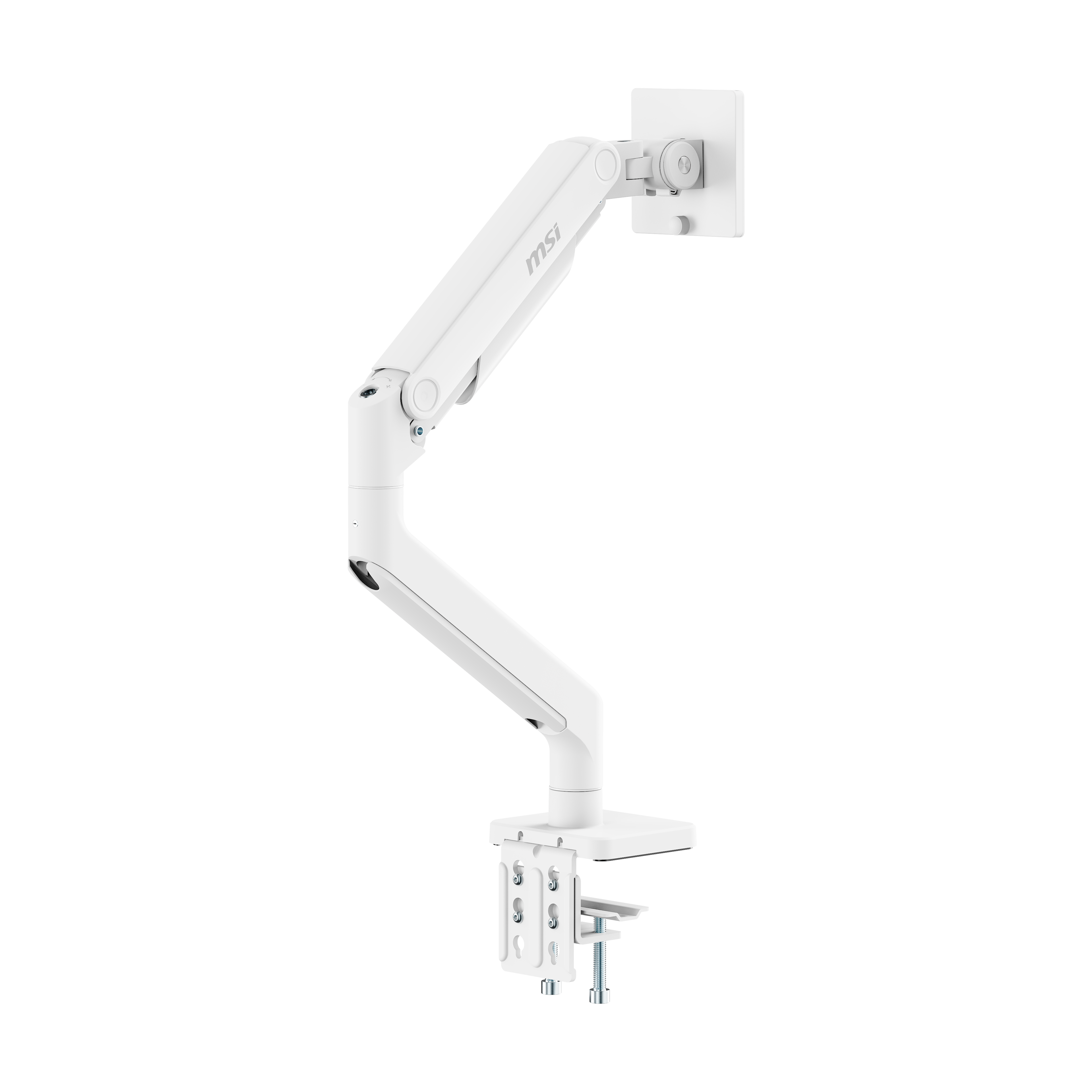Left. MSI - MSI MAG MT201W - Heavy Duty Monitor Arm, 17-49" 44 lbs, VESA, Clamp/Grommet, Spring Assisted - Black - Matte White.