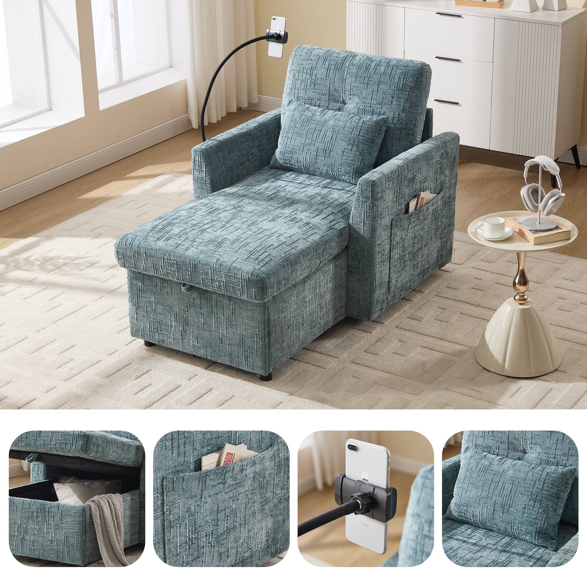 Alt View 4. Trinkets Crazed - Lazy Person Sofa Couch, Multifunctional Chenille Single Leisure Chair with Storage Backrest, Cell Phone Bracket - Lake Blue.