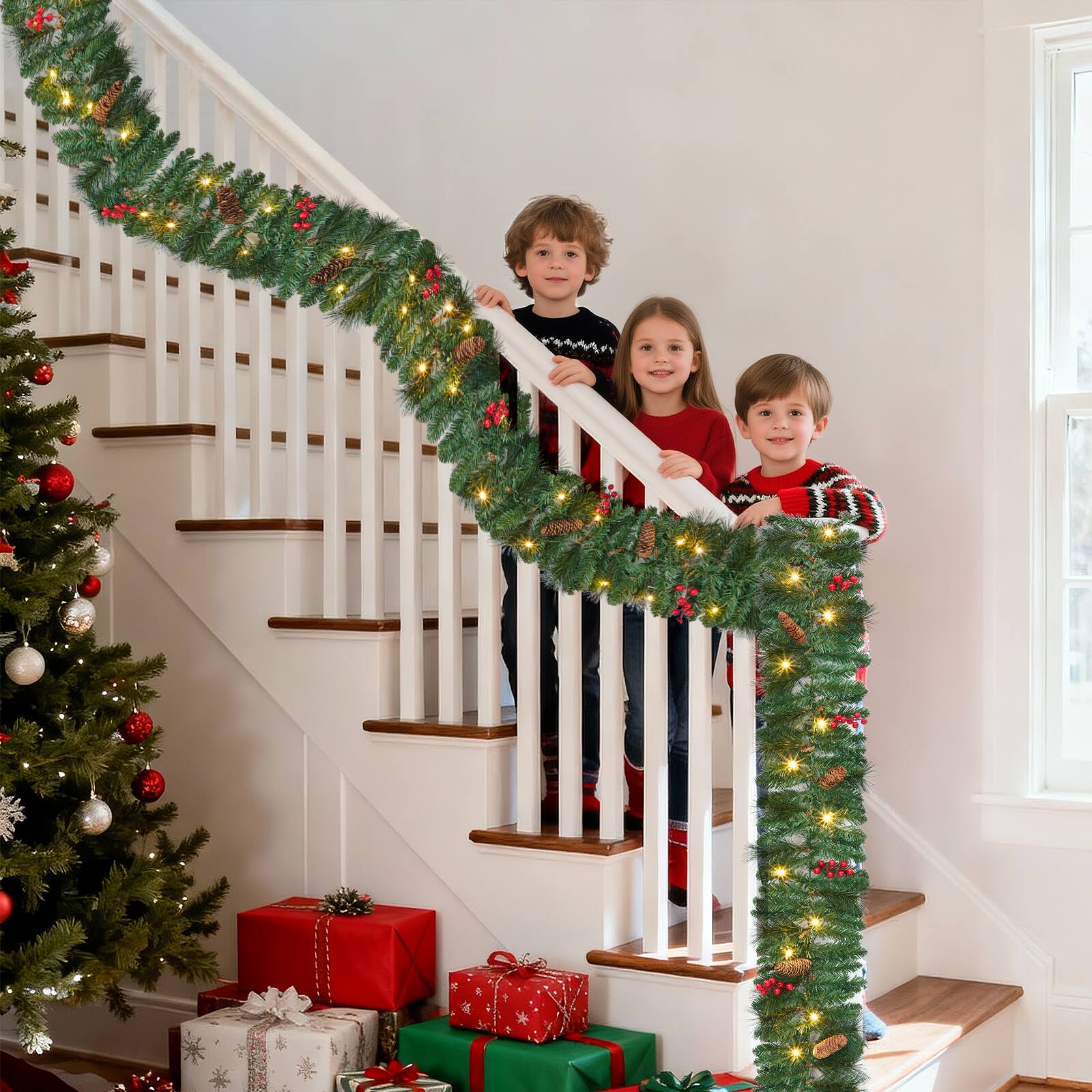 Alt View 1. Acekool - 9ft Pre-Lit Pine Christmas Garland with 40 Warm White LED Lights 8 Lighting Modes for Door Fireplace Stair Window - Green.