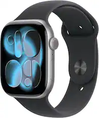 Front. Apple - Apple Watch Series 11 (GPS+Cellular) 46mm Aluminum Case with Black Sport Band - M/L - Space Gray.