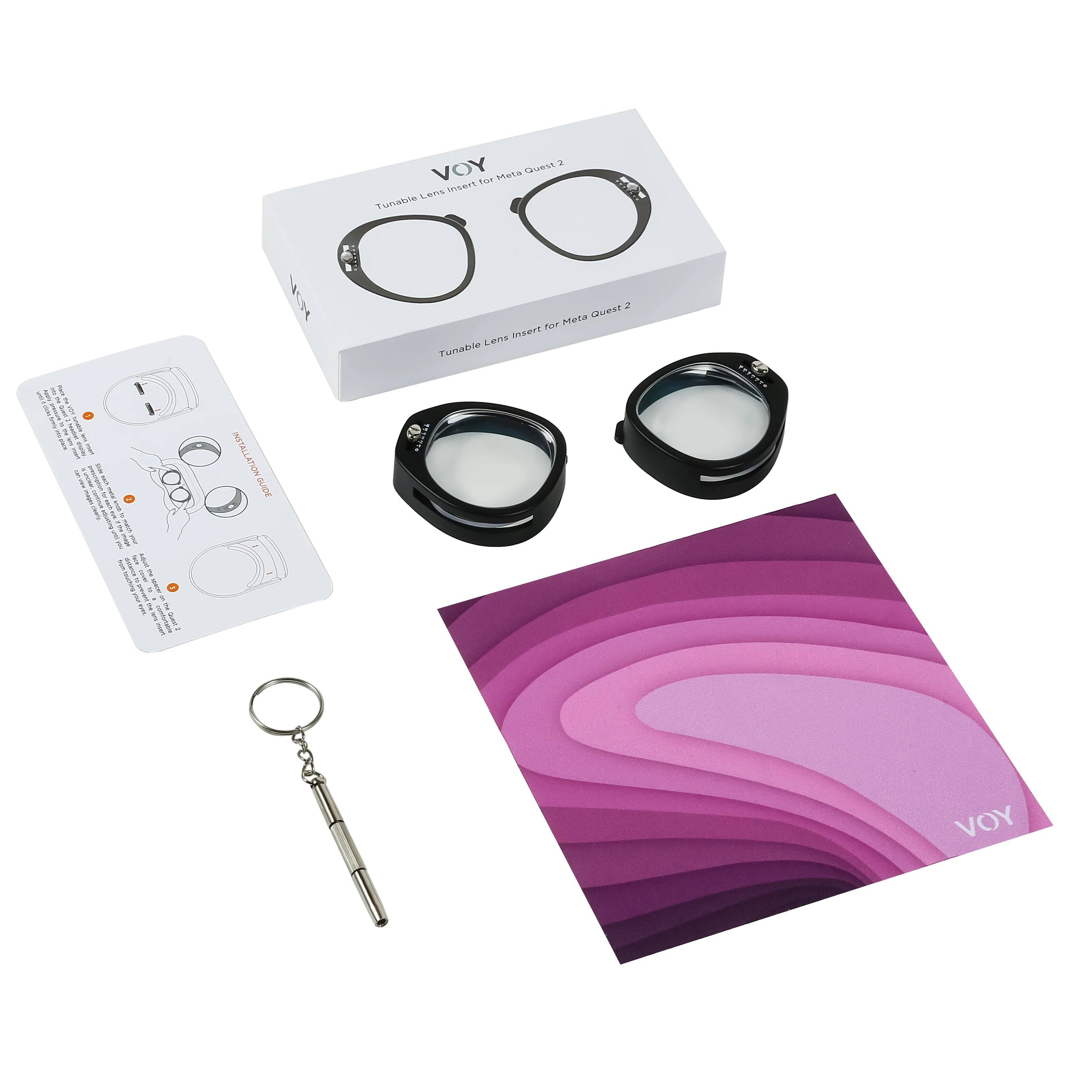 VOY  
Tunable Lens Insert for Meta Quest 2  

Tunable Lens Insert for Meta Quest 2  

Installation Guide  
1. Insert the lens into the frame.  
2. Secure the lens in place.  

VOY
