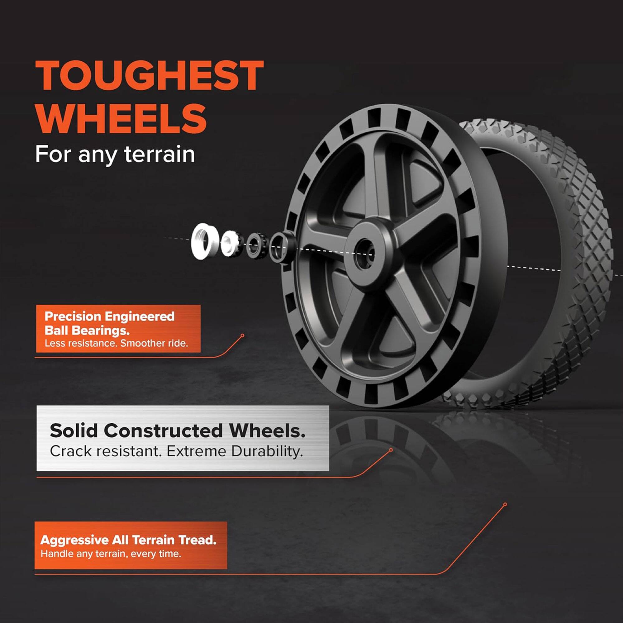 TOUGHEST WHEELS  
For any terrain  

Precision Engineered Ball Bearings.  
Less resistance. Smoother ride.  

Solid Constructed Wheels.  
Crack resistant. Extreme Durability.  

Aggressive All Terrain Tread.  
Handle any terrain, every time.