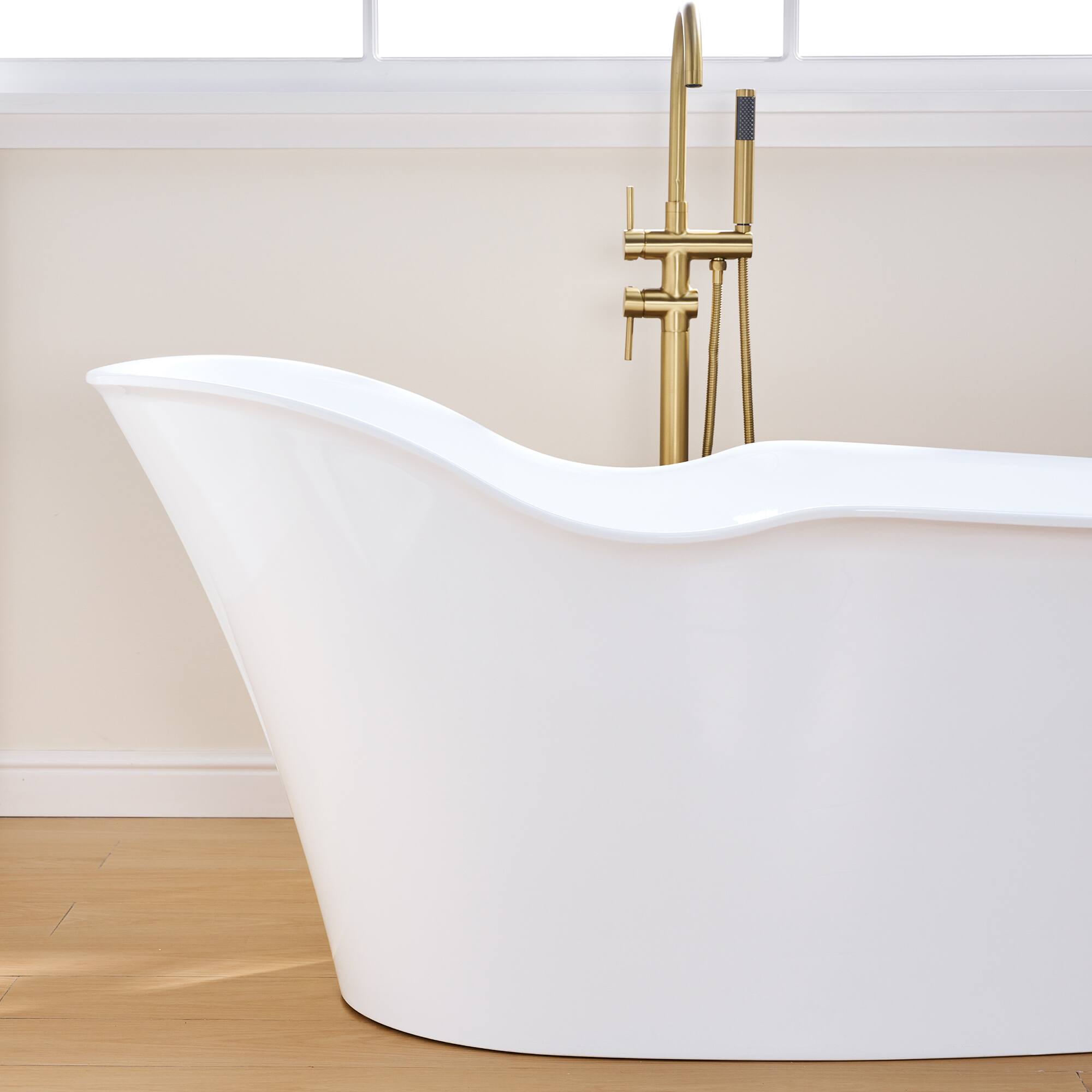 Alt View 8. WELLFOR - Wave 66 in. Acrylic Flat Bottom Double Ended Freestanding Soaking  Bathtub with Drain and Overflow - White.