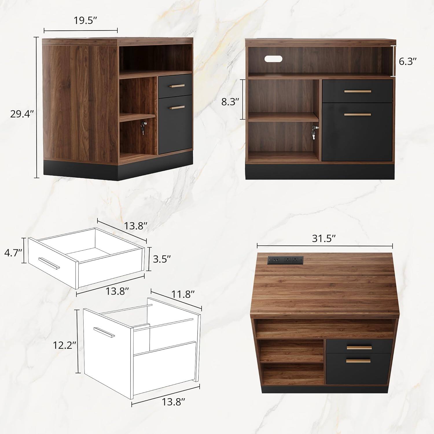 - Height: 29.4"
- Width: 19.5"
- Depth: 6.3"
- Shelf Height: 8.3"
- Drawer Height: 3.5"
- Drawer Width: 13.8"
- Drawer Depth: 11.8"
- Cabinet Width: 31.5"
- Cabinet Depth: 12.2"
- Cabinet Height: 13.8"