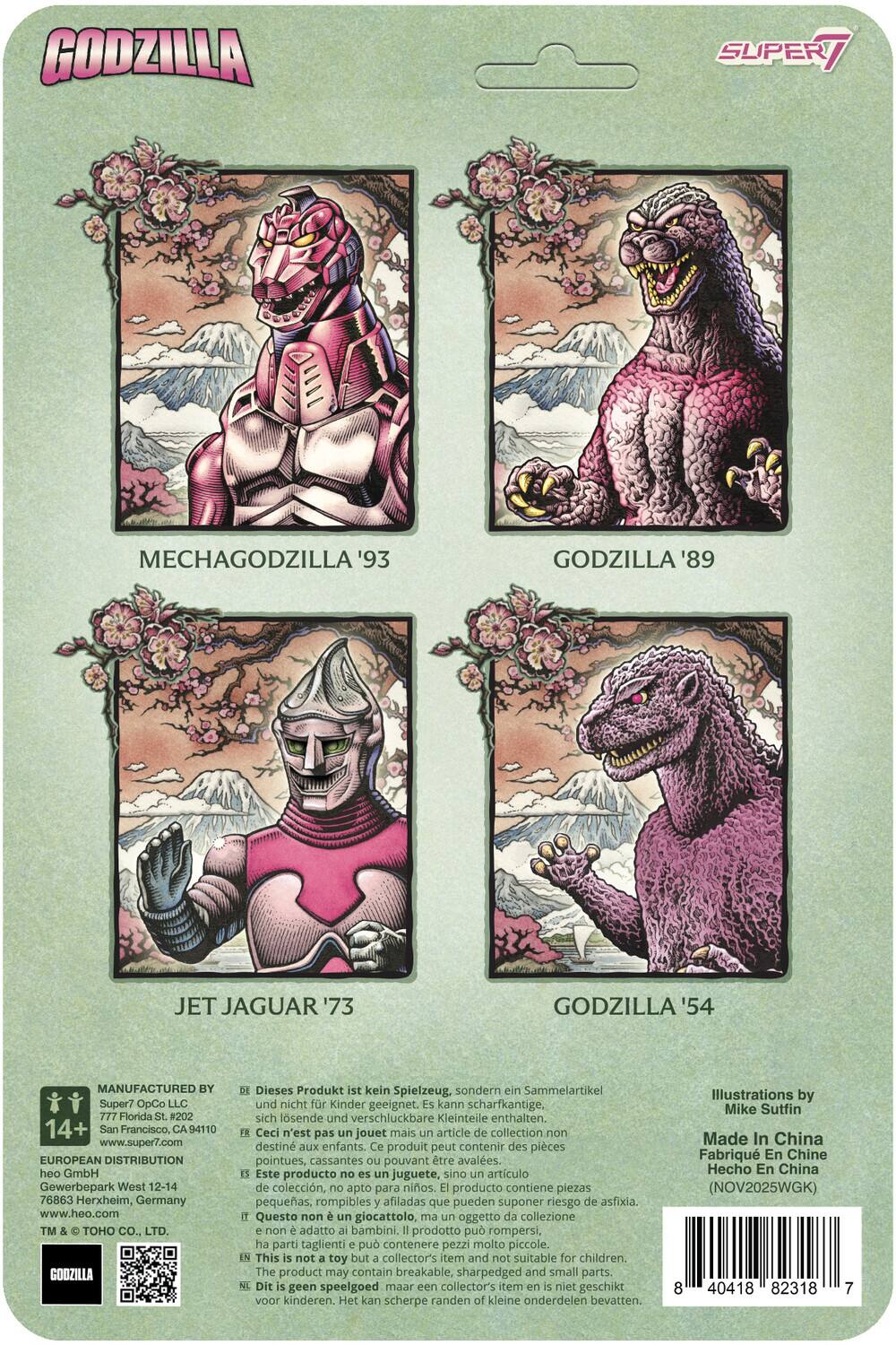 GODZILLA  
MECHAGODZILLA '93  
GODZILLA '89  
JET JAGUAR '73  
GODZILLA '54  

MANUFACTURED BY  
Super7 OpCo LLC  
777 Florida St. #202  
San Francisco, CA 94110  
www.super7.com  

EUROPEAN DISTRIBUTION  
heo GmbH  
Gewerbepark West 12-14  
76863 Herxheim, Germany  
www.heo.com  

TM & © TOHO CO., LTD.  

GODZILLA  
Dieses Produkt ist kein Spielzeug, sondern ein Sammelartikel und nicht für Kinder geeignet. Es kann scharfkantige, sich lösende und verschluckbare Kleinteile enthalten.  
Ceci n'est pas un jouet mais un article de collection non destiné aux enfants. Ce produit peut contenir des pièces pointues, cassantes ou pouvant être avalées.  
Este producto no es un juguete, sino un artículo de colección, no apto para niños. Producto contiene piezas pequeñas, rompibles afiladas que pueden sup