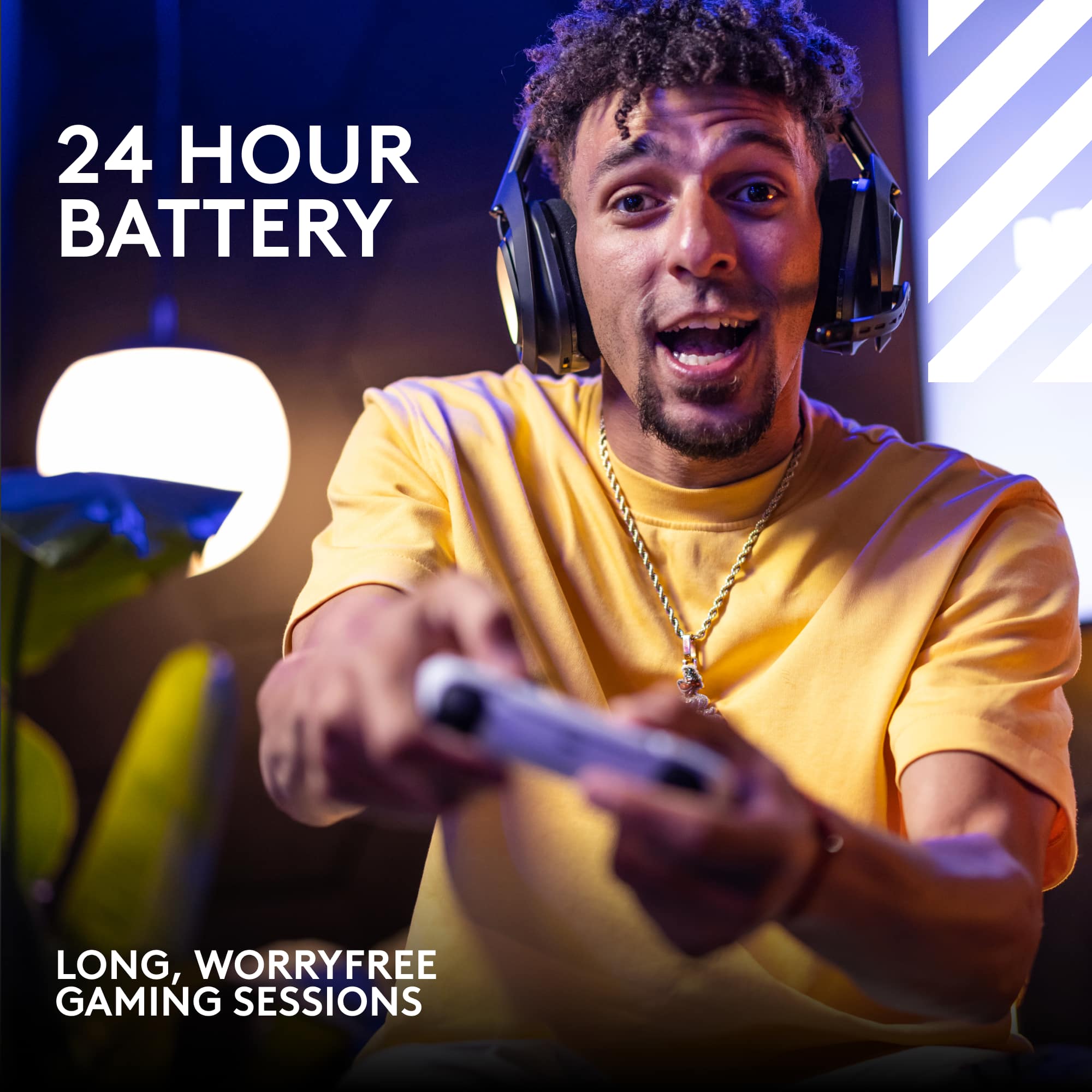 The image shows a man wearing headphones and holding a video game controller, likely a Wii remote. He is smiling and appears to be enjoying his gaming session. The text "24 HOUR BATTERY" is displayed in large letters, indicating that the controller has a long battery life, allowing for extended gaming sessions without needing to recharge frequently. The phrase "LONG, WORRYFREE GAMING SESSIONS" is also present, emphasizing the convenience and enjoyment of gaming without interruptions due to battery issues.