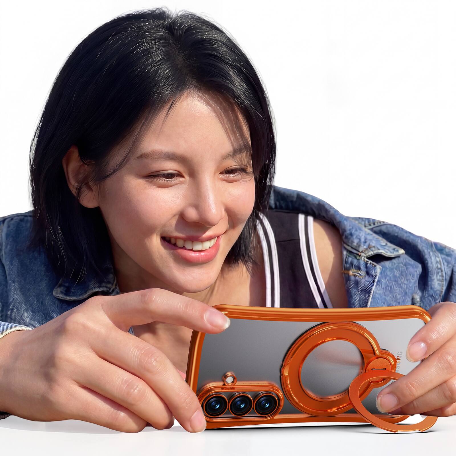 Left. Dteck - Magnetic Case for Samsung Galaxy S26 with 360 Ring Stand and Strap, Shockproof TPU Phone Cover Built-in Lens Protector - Orange.