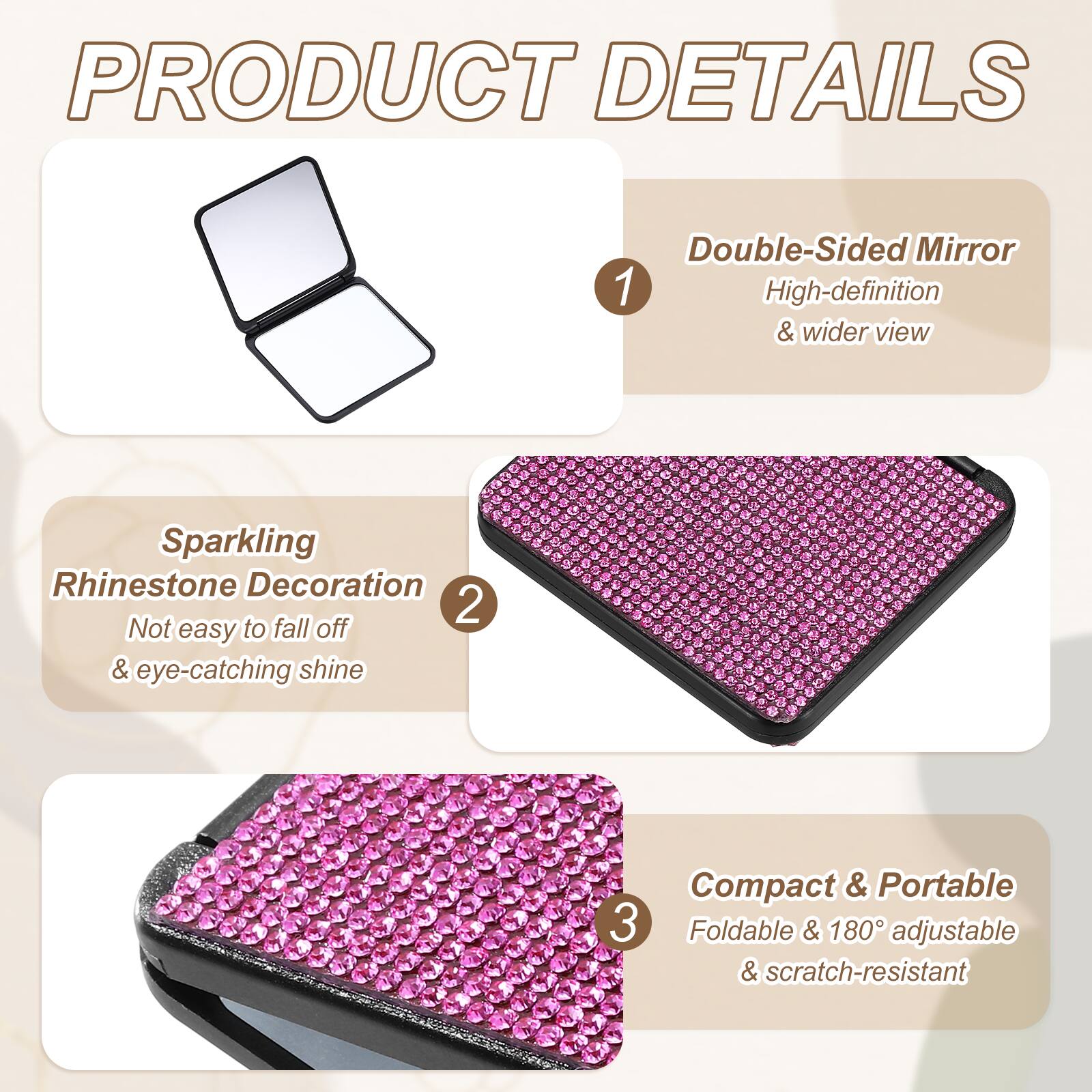 Unique Bargains Rhinestone Compact Mirror, Rectangle Double Sided ...