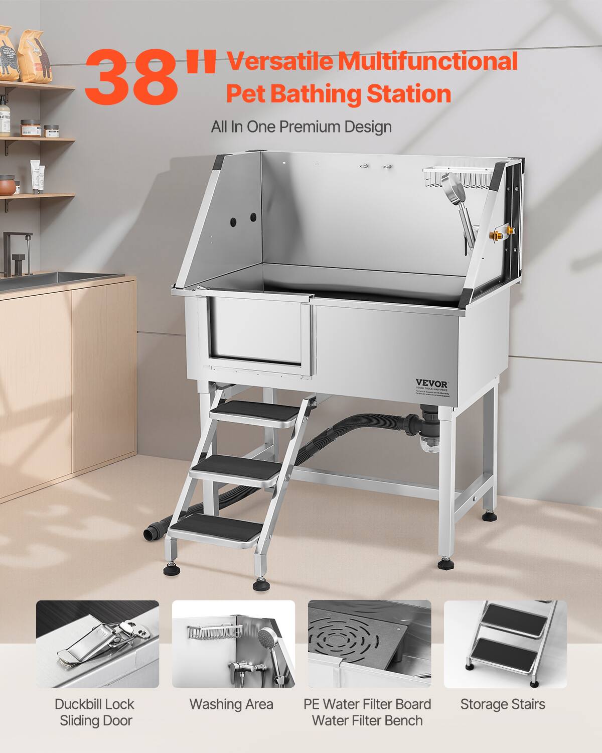 38" Versatile Multifunctional Pet Bathing Station  
All In One Premium Design  

- Duckbill Lock Sliding Door  
- Washing Area  
- PE Water Filter Board  
- Water Filter Bench  
- Storage Stairs
