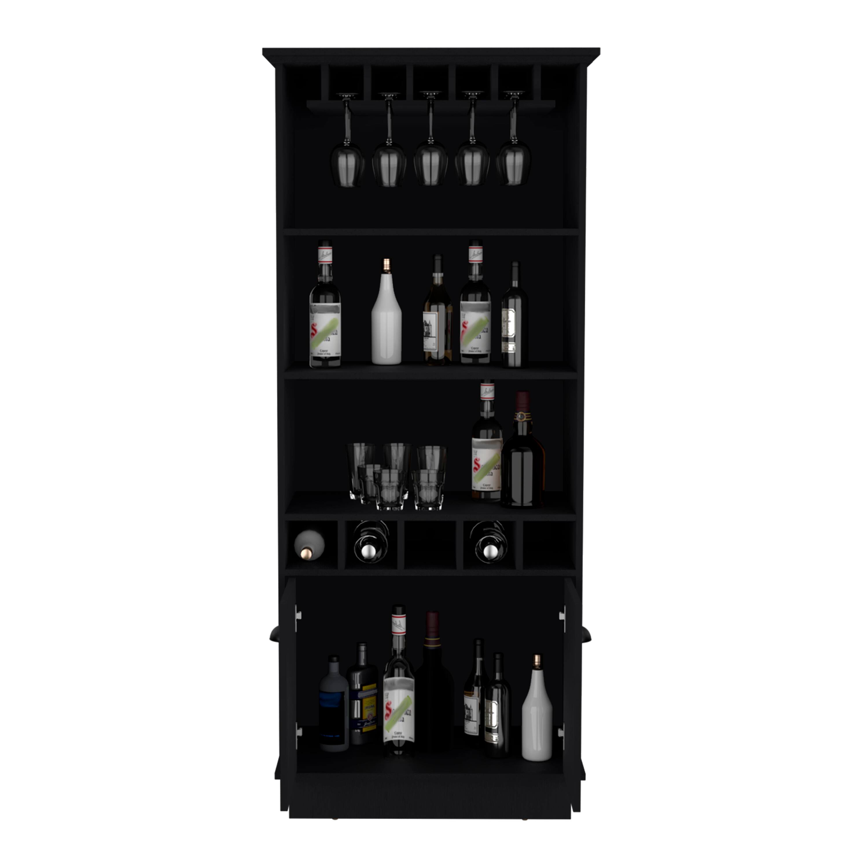 Alt View 1. TuHome - Dundee 70-Inch High 10-Glass Bar Cabinet with 5 Cubbies and 3 Open Shelves and Cabinet - Black.