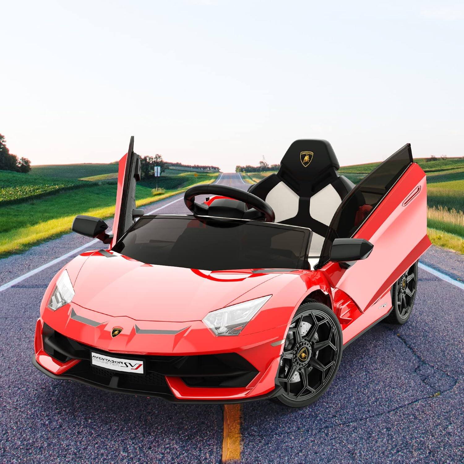 Left. Qeetex - 12V Licensed Lamborghini Kids Ride-On Car w/ Remote, Hydraulic Doors, LED Lights & Sound - Red.
