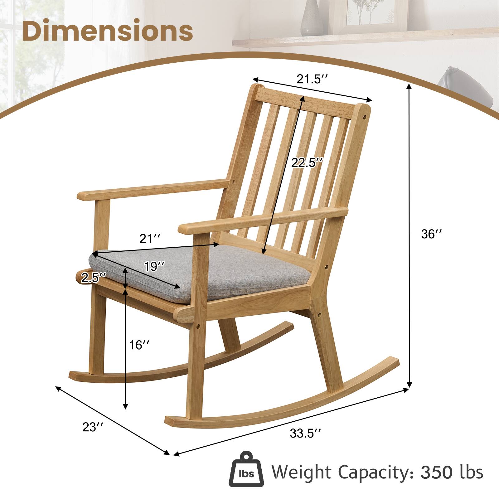 Dimensions: 21.5" x 22.5" x 21" x 36" x 2.5" x 19" x 16" x 23" x 33.5"  
Weight Capacity: 350 lbs