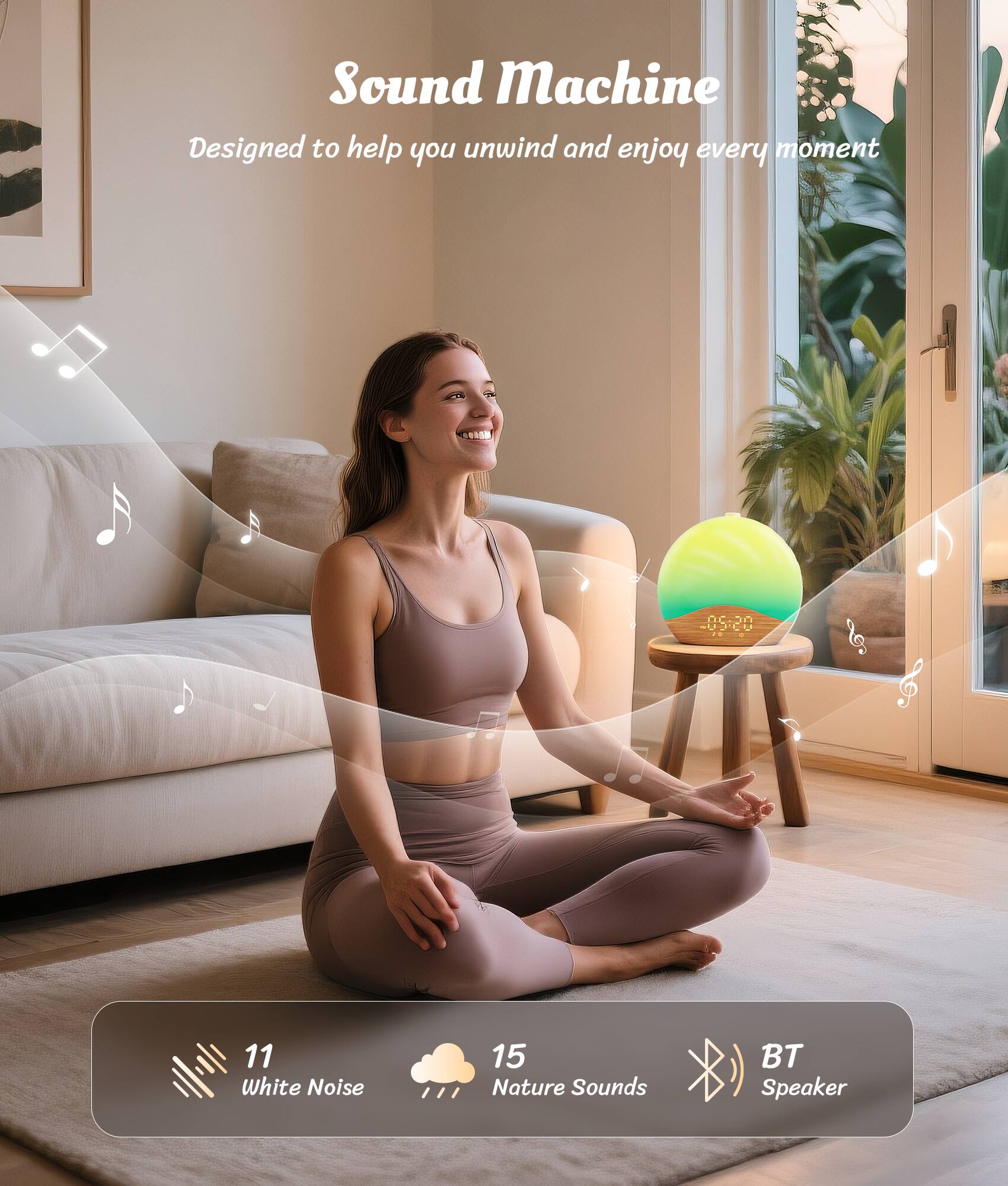 Sound Machine, Designed to help you unwind and enjoy every moment, 11 White Noise, 15 Nature Sounds, BT Speaker.