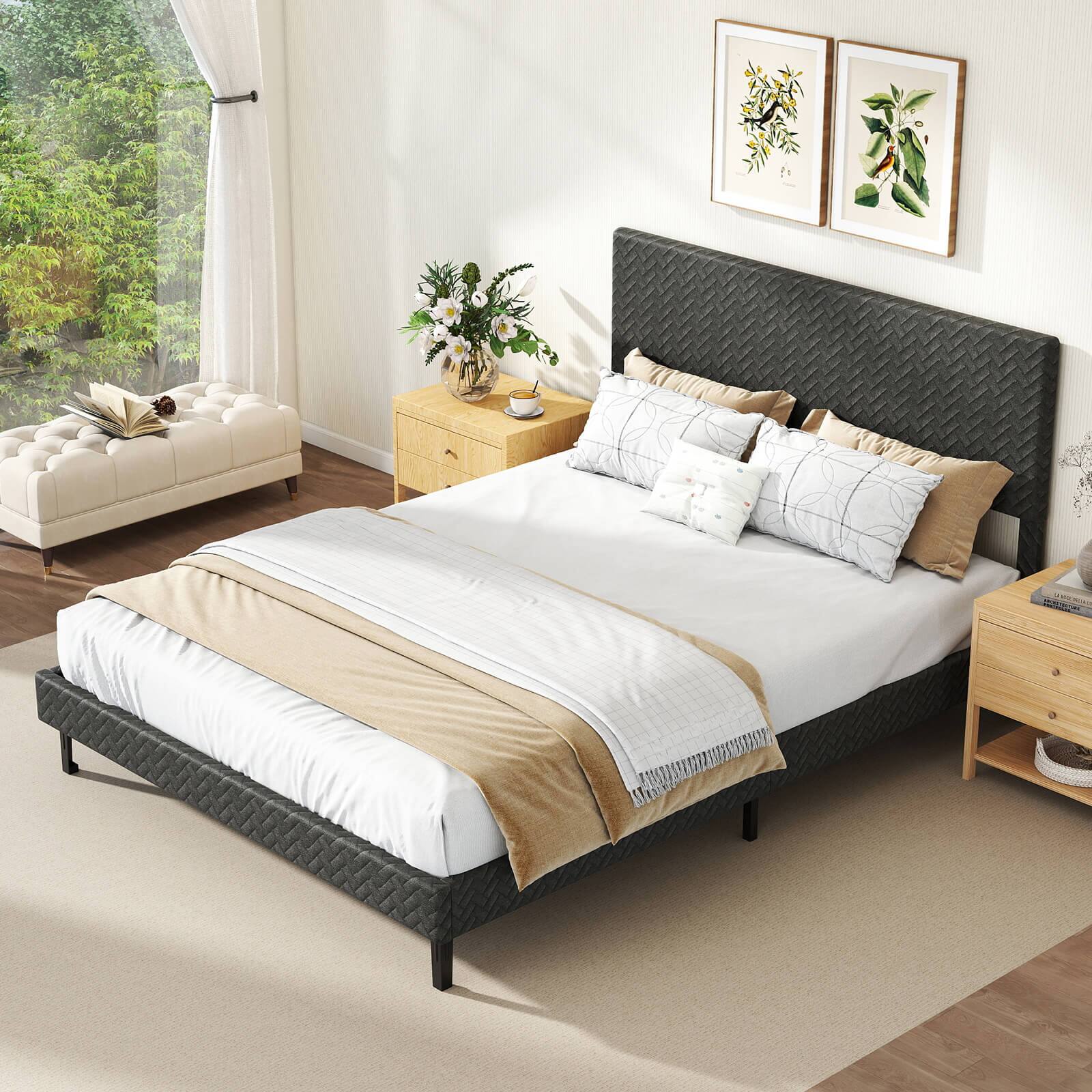 Alt View 3. Costway - Costway Queen Size Bed Frame with Height Adjustable Chevron Headboard, No Box Spring Needed - Gray.