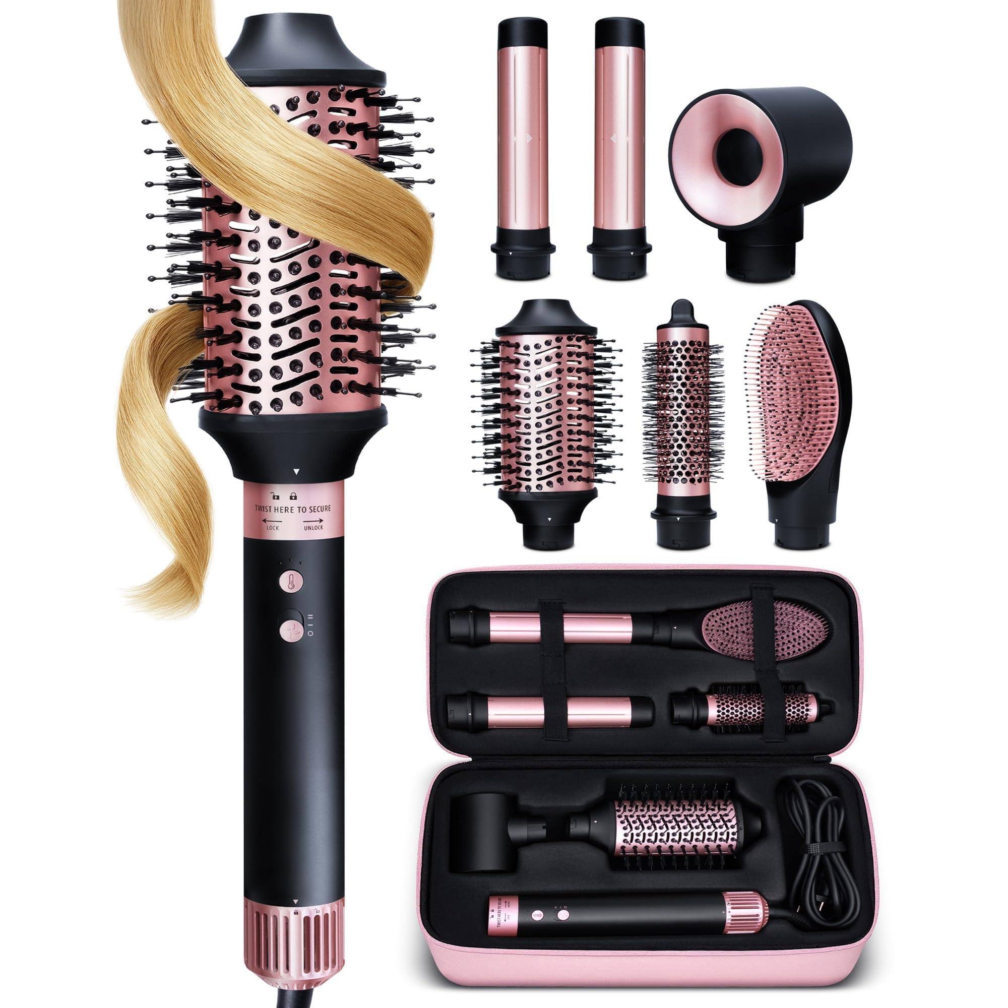 VEGA AUTOMOTIVE - 6 In 1 Professional Hot Air Styler Hair Dryer Straightener Set Styling Without Heat Fast Drying Curling - Black & Rose Gold
