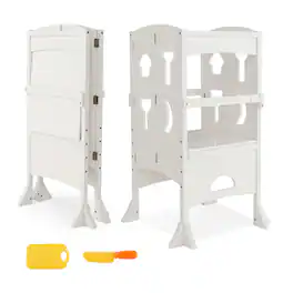 Costway - Folding Kitchen Kids Step Ladder Stool Wooden Toddler Safety Tower Helper - White
