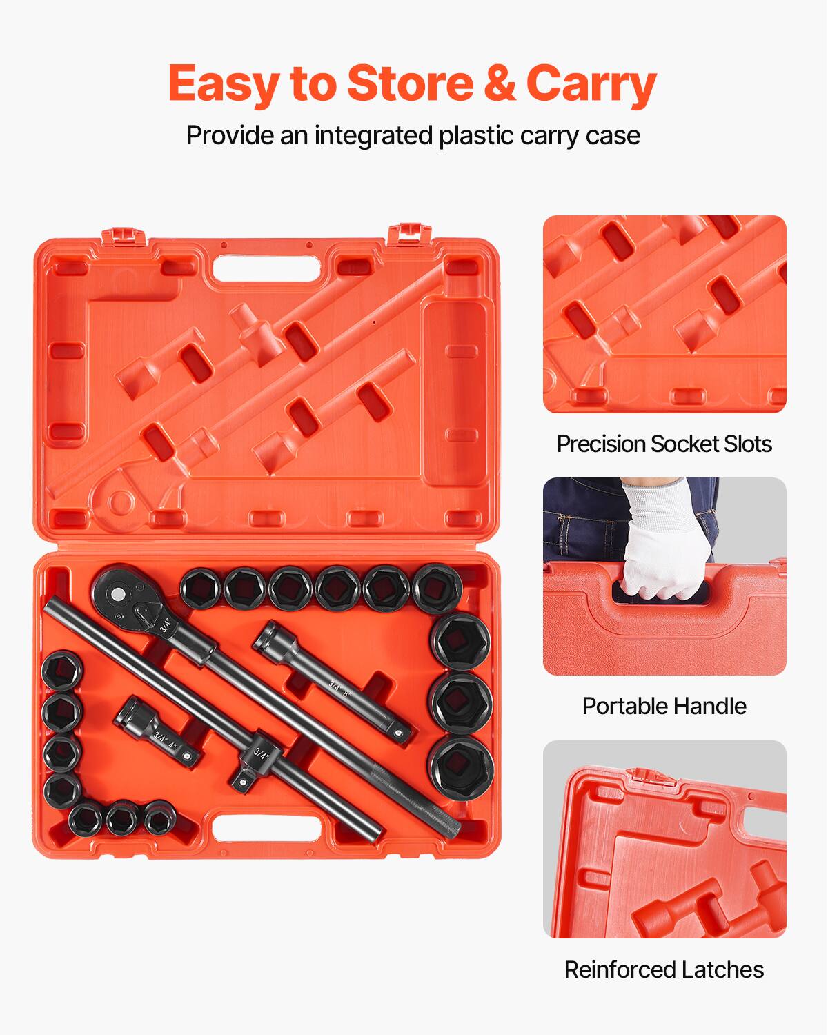 Easy to Store & Carry, Provide an integrated plastic carry case, Precision Socket Slots, Portable Handle, Reinforced Latches