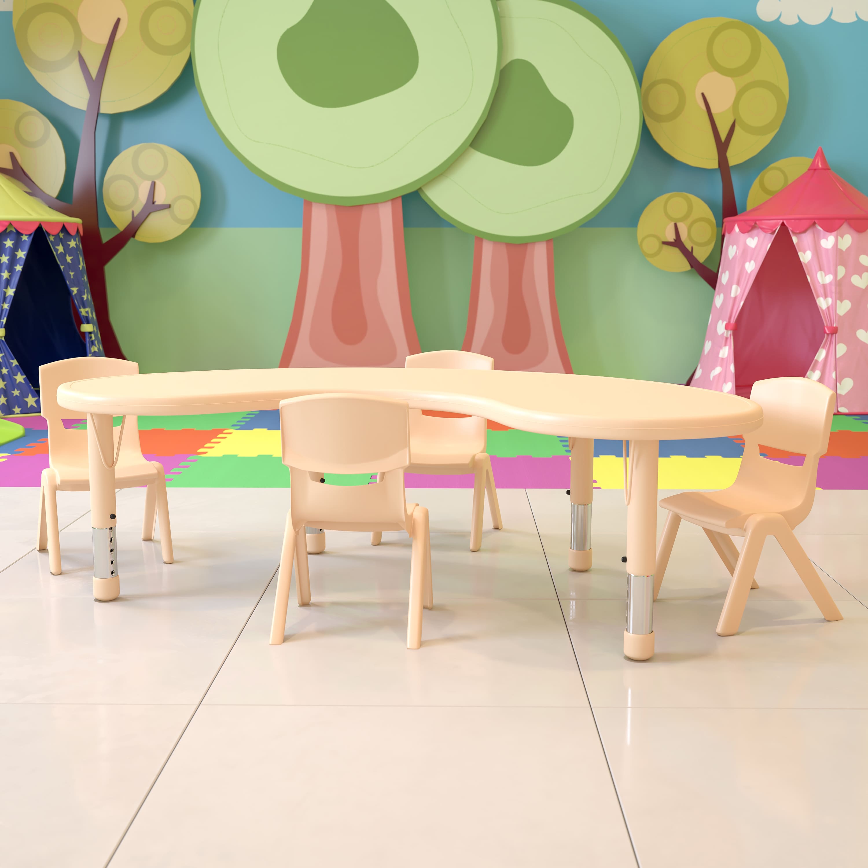 "Emma + Oliver - 35""W x 65""L Half-Moon Plastic Height Adjustable Activity Table Set with 4 Chairs - Natural" price history on PriceWatchPro
