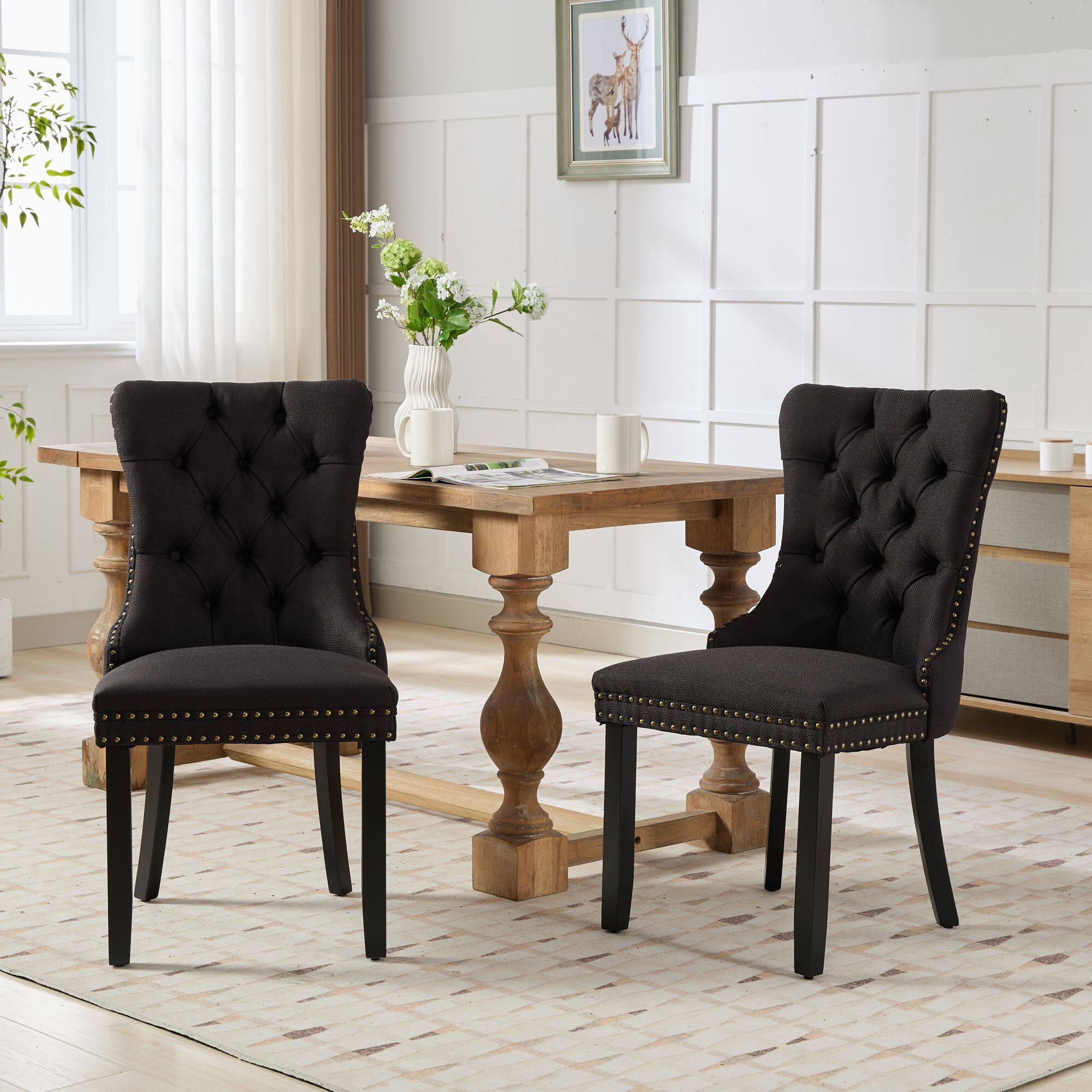 Alt View 10. Tiramisubest - High-end Tufted Solid Wood Contemporary Flax Upholstered Linen Dining Chair with Wood Legs Nailhead,SET OF 2,Black - Black.