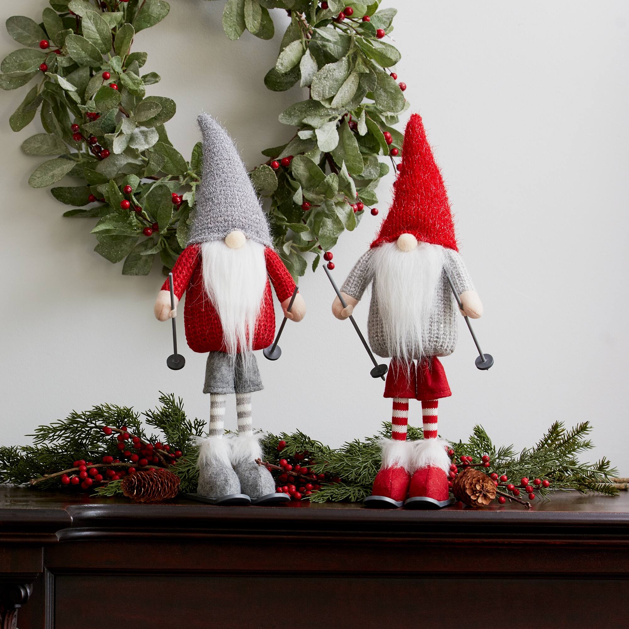 Alt View 2. BreeBe - Plush Standing Gnome Skier (Set of 6) - Grey, Red, White.