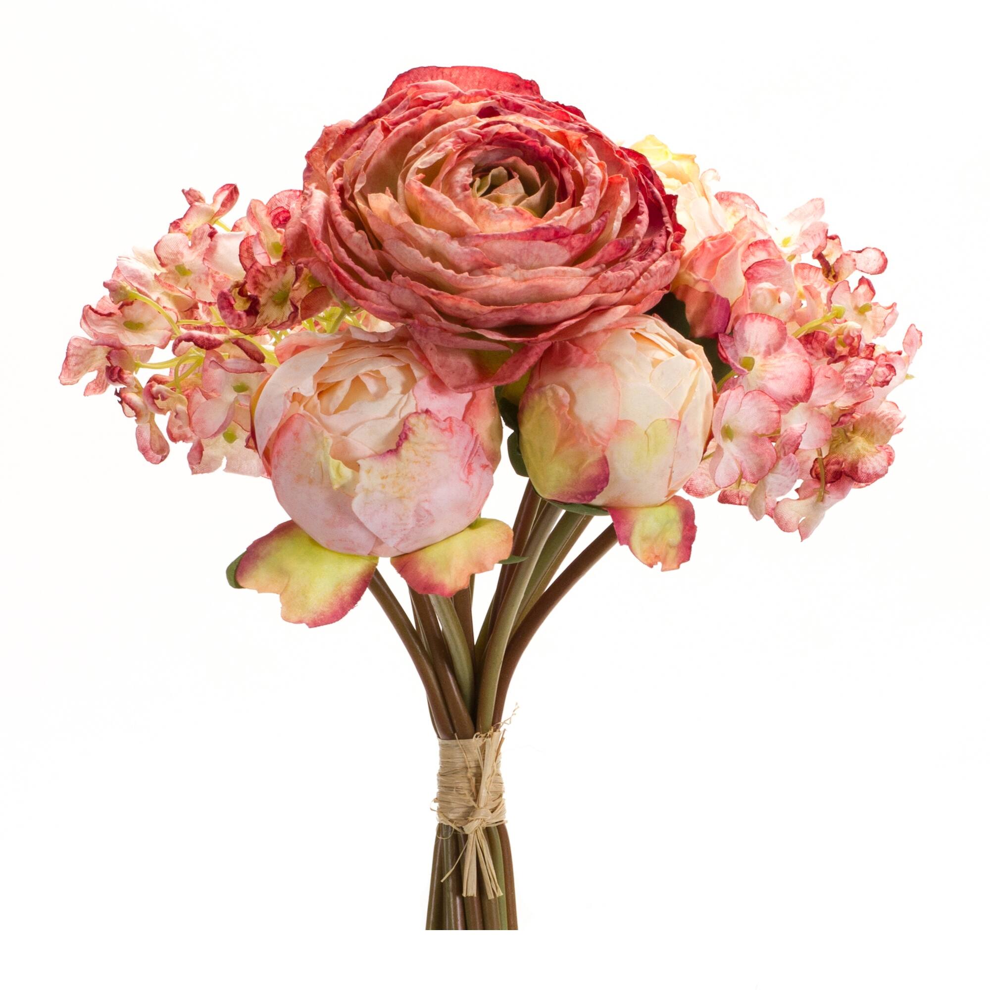 Angle. BreeBe - Coral Pink Peony and Hydrangea Flower Bouquet (Set of 6) - Pink, Beige, Green.