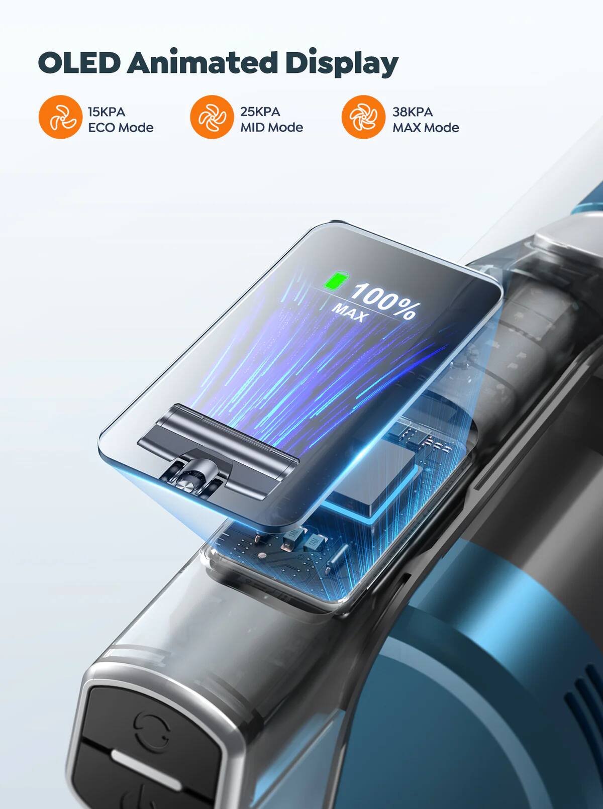 OLED Animated Display

15KPA ECO Mode  
25KPA MID Mode  
38KPA MAX Mode  

100% MAX