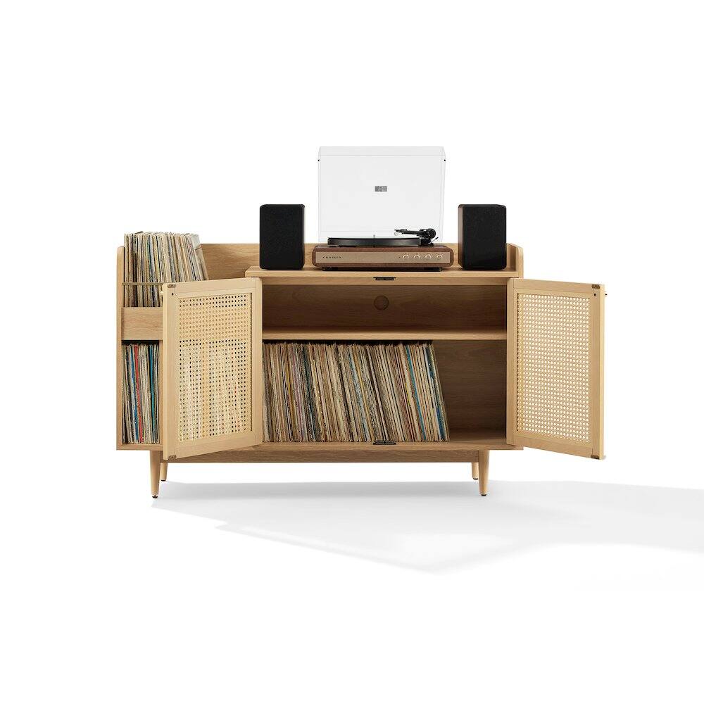 Alt View 4. Crosley Furniture - Maeve Record Player Cabinet, Vinyl Storage, Rattan Turntable Stand for Records - Blue.