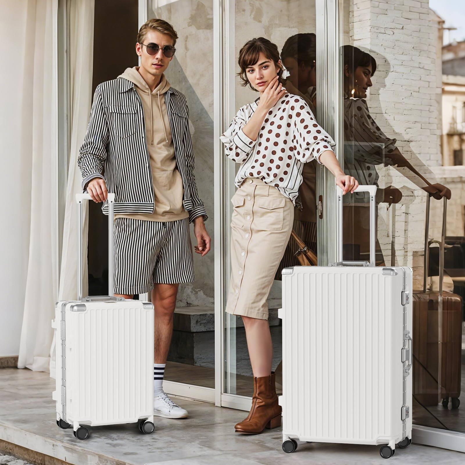 Alt View 1. Brick Attic - 2 Piece Luggage Sets  Aluminum Frame Carry On and Checked Suitcase PC ABS Hard Shell TSA Lock No Zipper - White.