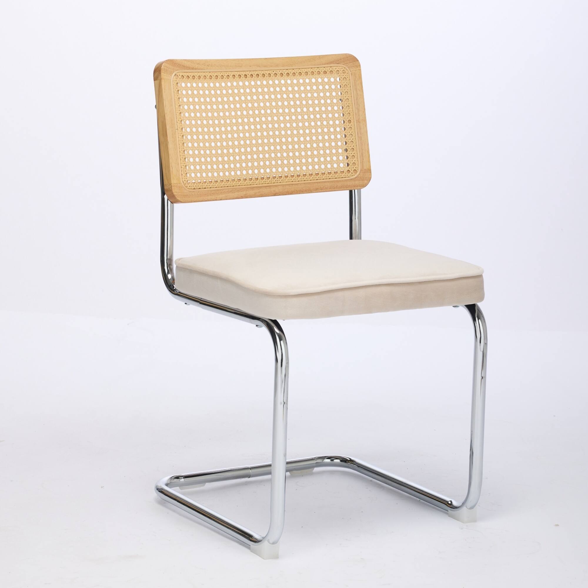 Back. GOODSILO - Mid Century Modern Dining Chairs Set of Two with Velvet Upholstery and Cane Back - Beige.