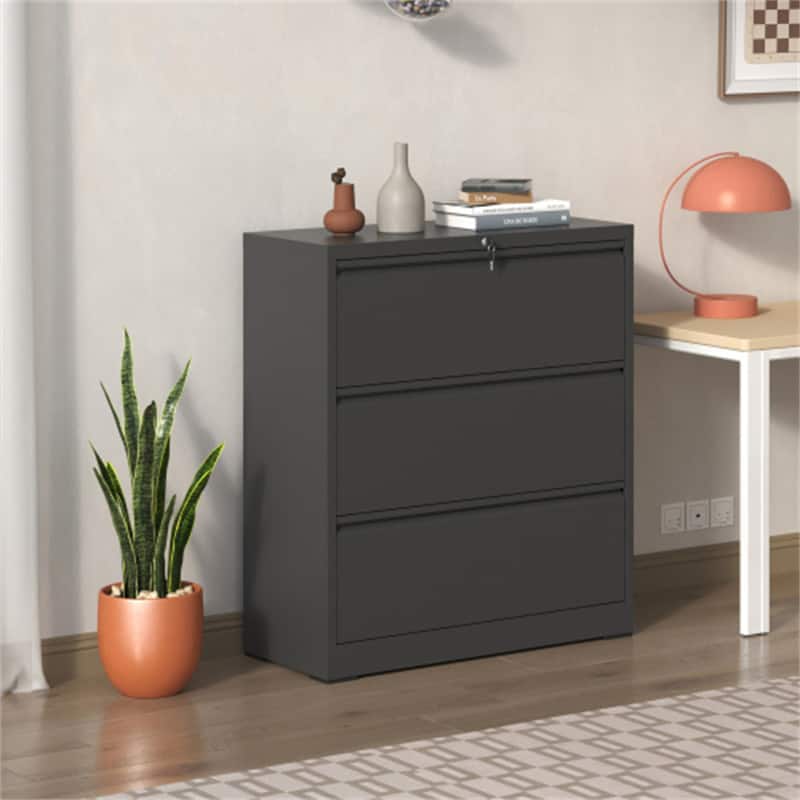 HTUTWOO - Lateral File Cabinet 3 Drawer –Filing Cabinet with Lock,Lockable File Cabinet for Home Office,Locking Metal File Cabinet - Black