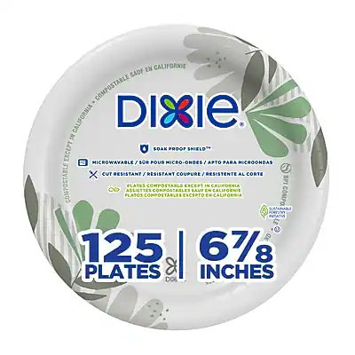 Sure, here is the corrected and grouped text:
---
**Dixie**
**Soap Proof Shield**
**Microwavable / S'or pour micro-ondes / Apto para microondas**
**Cut Resistant / Résistant coupe / Resistente al corte**
**Compostable except in California / Compostable sauf en Californie / Compostables excepto en California**
**125 Plates / 6 7/8 Inches**
**Sustainably Portrayed**
**BPI Certified**
**100% Compostable**
**Dixie**
---