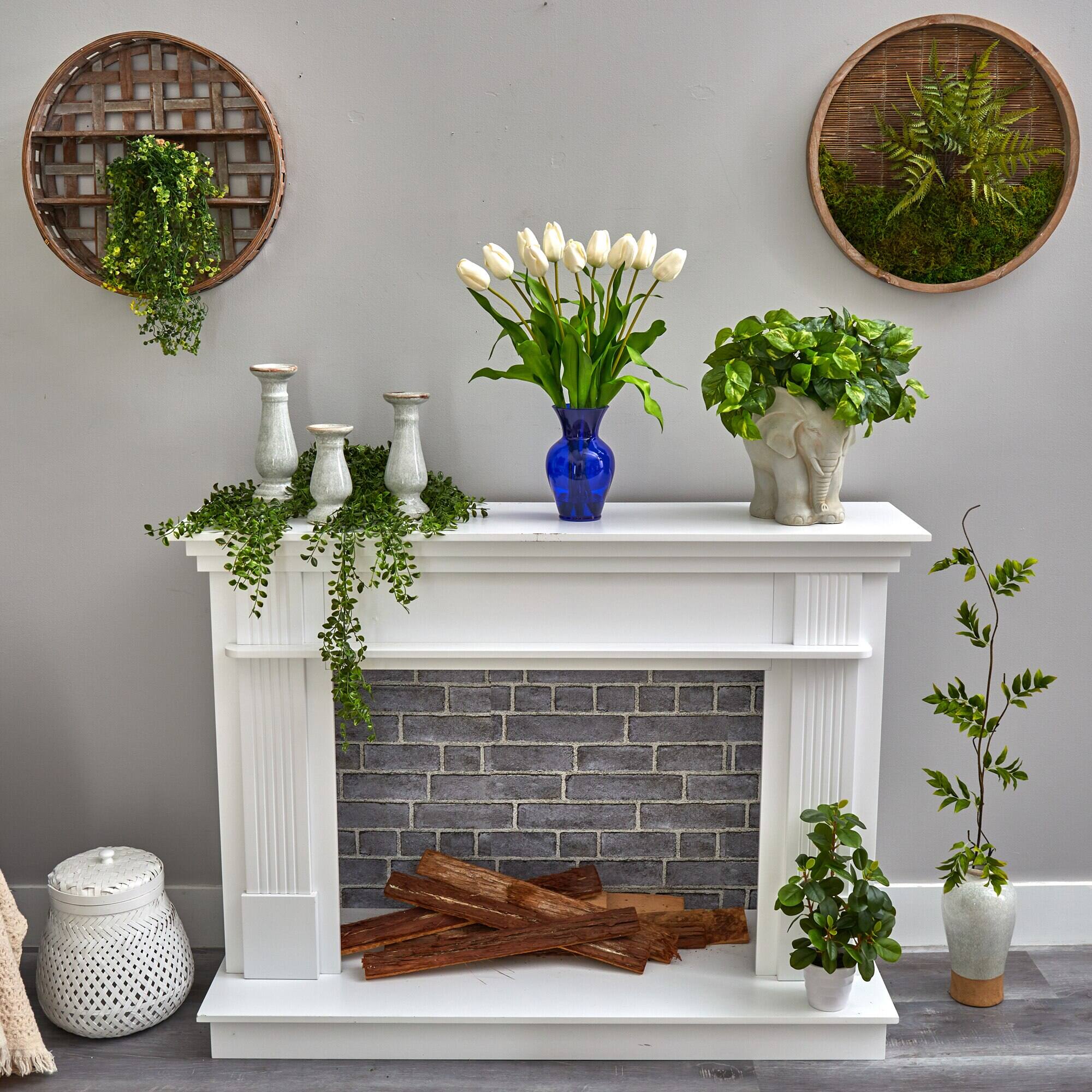 Back. BreeBe - 22" Dutch Tulip Artificial Arrangement in Blue Colored Vase - White.