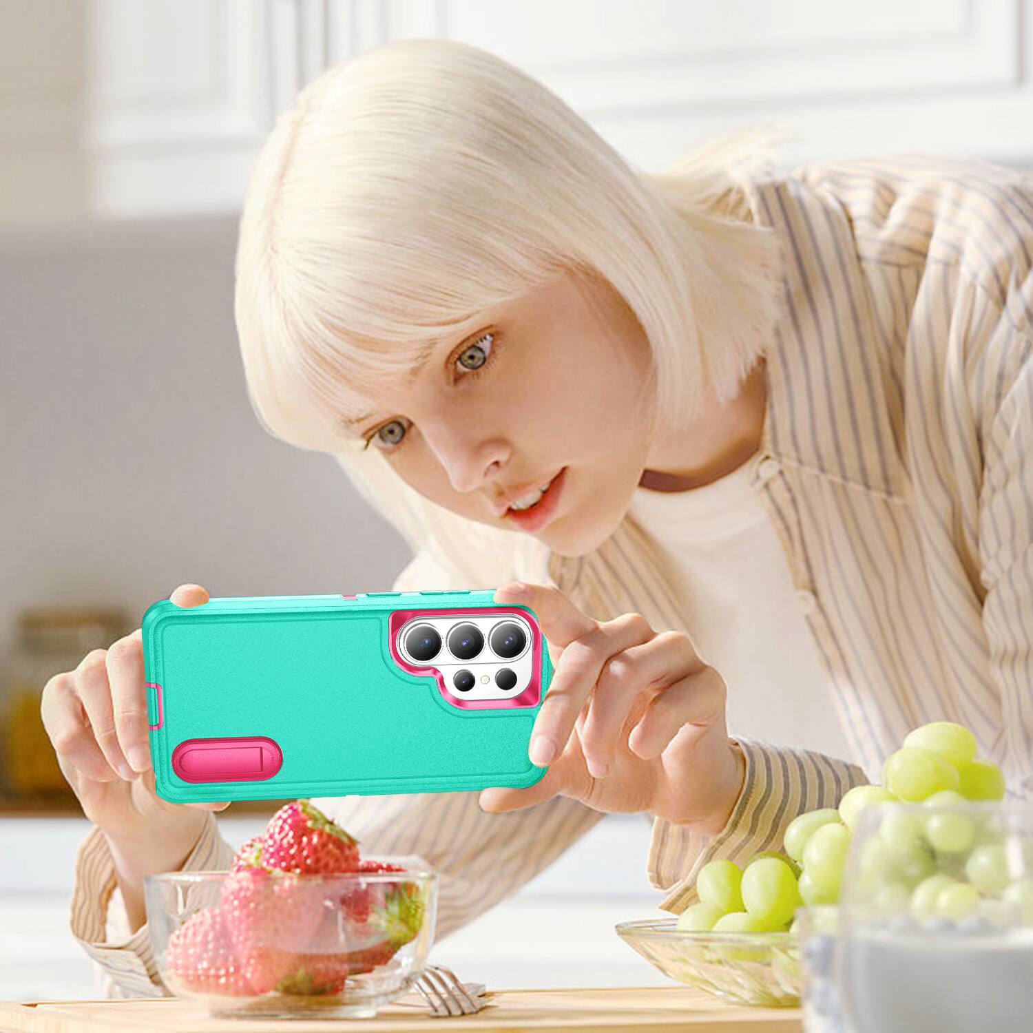 Alt View 4. Dteck - Heavy Duty Case for Samsung Galaxy S26 Ultra w/ Foldable Kickstand,Dual-Layer Shockproof Hard PC Soft Silicone Cover - Mint/Rose.