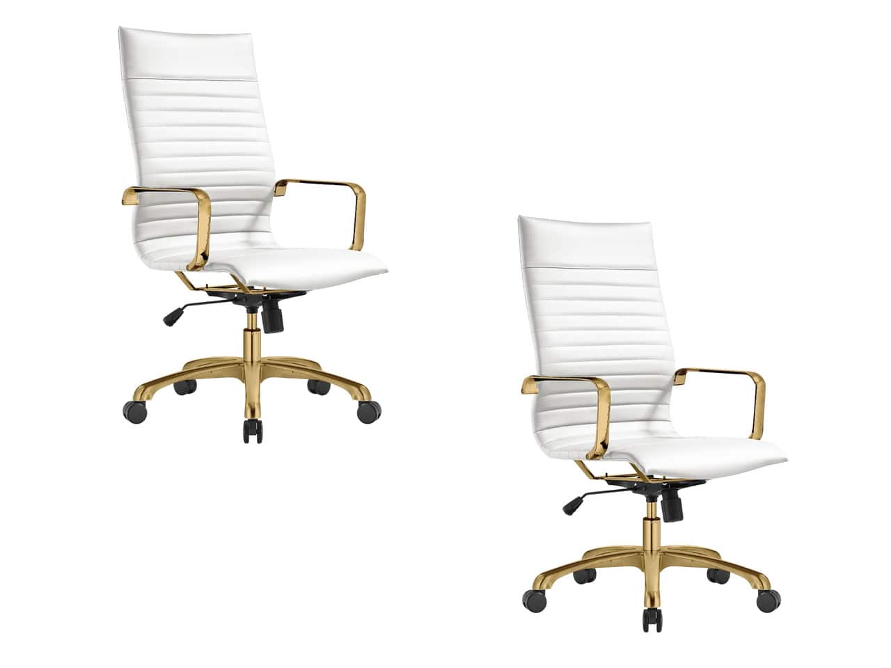 LeisureMod - Set of 2 Harris High-Back Leather Upholstered Office Desk Chair with Gold Stainless Steel Frame and Tilt - White