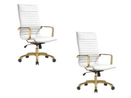 LeisureMod - Set of 2 Harris High-Back Leather Upholstered Office Desk Chair with Gold Stainless Steel Frame and Tilt - White