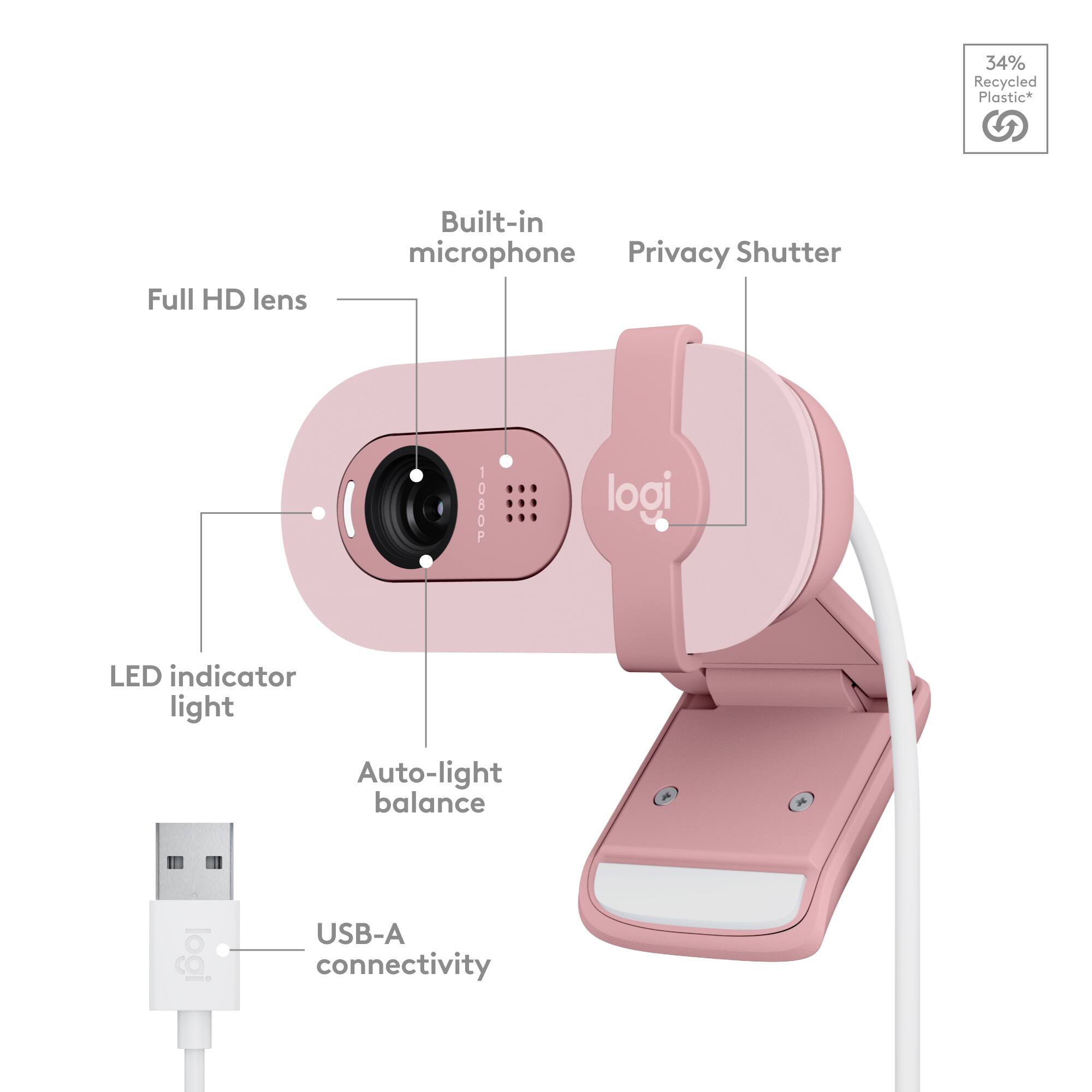 34% Recycled Plastic*

Full HD lens
Built-in microphone
Privacy Shutter
1080P
LED indicator light
Auto-light balance
USB-A connectivity