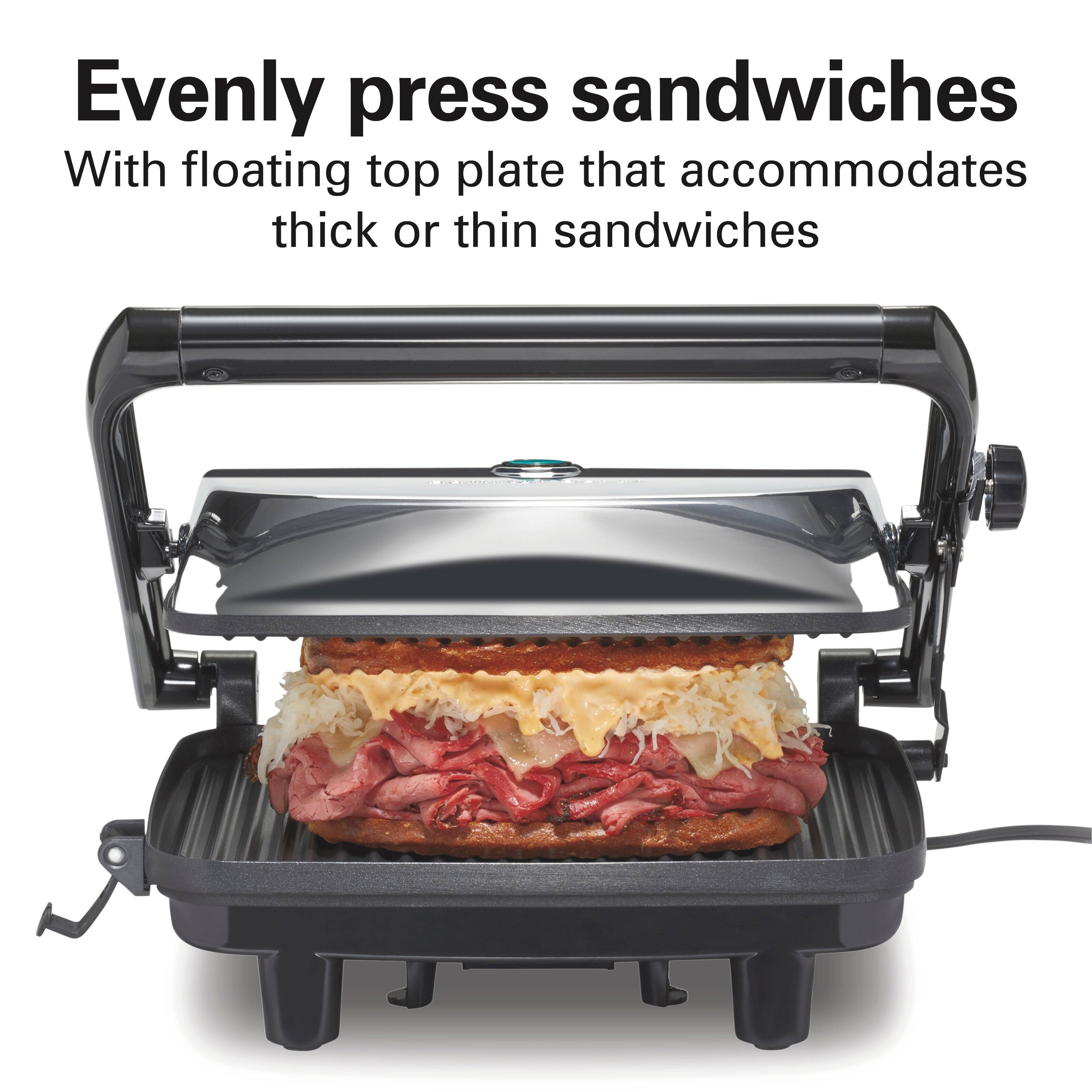 Evenly press sandwiches  
With floating top plate that accommodates thick or thin sandwiches