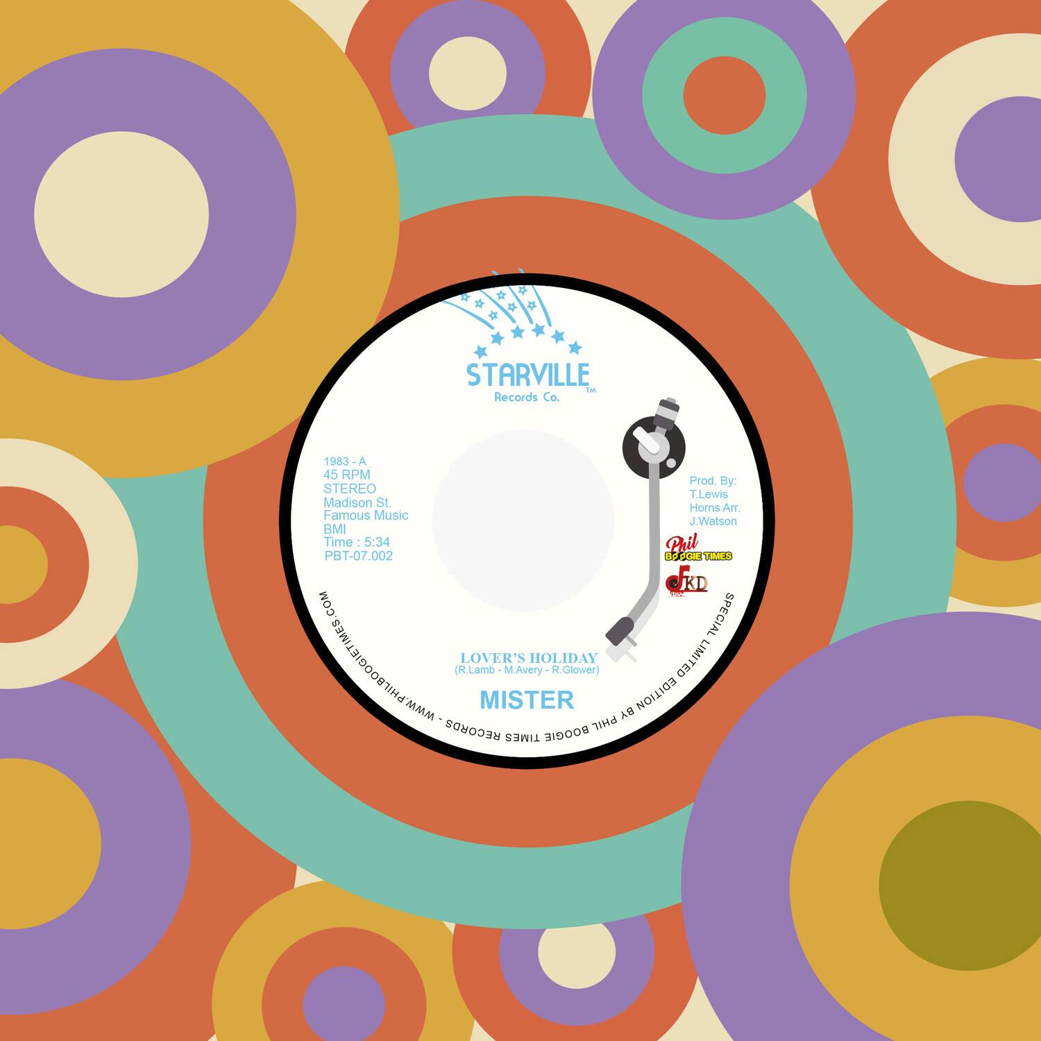 STARVILLE Tm Records Co.  
1983 A 45 RPM  
Prod. By: T.Lewis  
Horns Arr. Famous Music  
J. J.Walson BMI  
Time 5:34  
Phil PBT-07.002  

DAdor 1ME5  
JKD 1 COM  
SPECIAL LOVER'S HOLIDAY  
LIMITED  
MMM-HITBOOGIELIER (R.Lamb M.Avery Glower)  
MMM MISTER EDITION - AM RECORDS  
PHIL TIMES BIDOOB