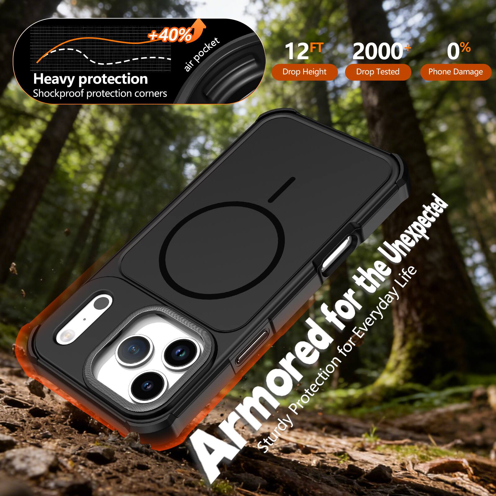+40% air pocket  
Heavy protection  
Shockproof protection corners  

12FT Drop Height  
2000+ Drop Tested  
0% Phone Damage  

Armored for the Unexpected  
Sturdy Protection for Everyday Life