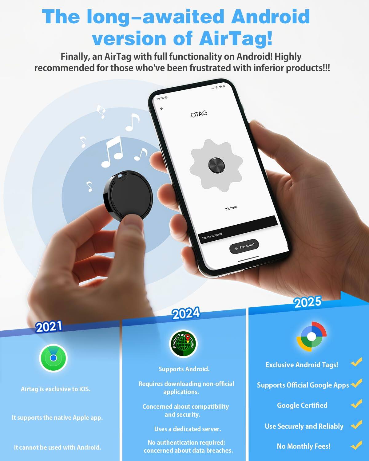The long-awaited Android version of AirTag! Finally, an AirTag with full functionality on Android! Highly recommended for those who've been frustrated with inferior products!!!

- **2021**
  - AirTag is exclusive to iOS.
  - It supports the native Apple app.
  - It cannot be used with Android.

- **2024**
  - Supports Android.
  - Requires downloading non-official applications.
  - Concerned about compatibility and security.
  - Uses a dedicated server.
  - No authentication required; concerned about data breaches.

- **2025**
  - Exclusive Android Tags!
  - Supports Official Google Apps
  - Google Certified
  - Use Securely and Reliably
  - No Monthly Fees!