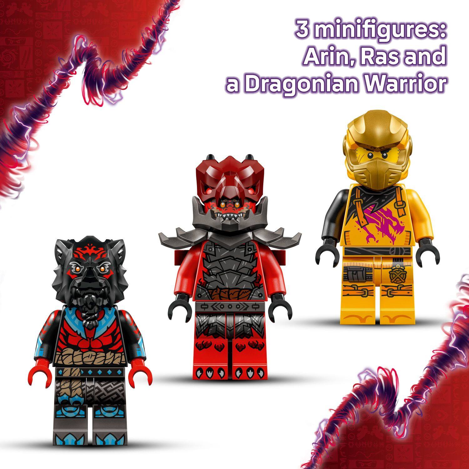 3 minifigures: Arin, Ras, and a Dragonian Warrior