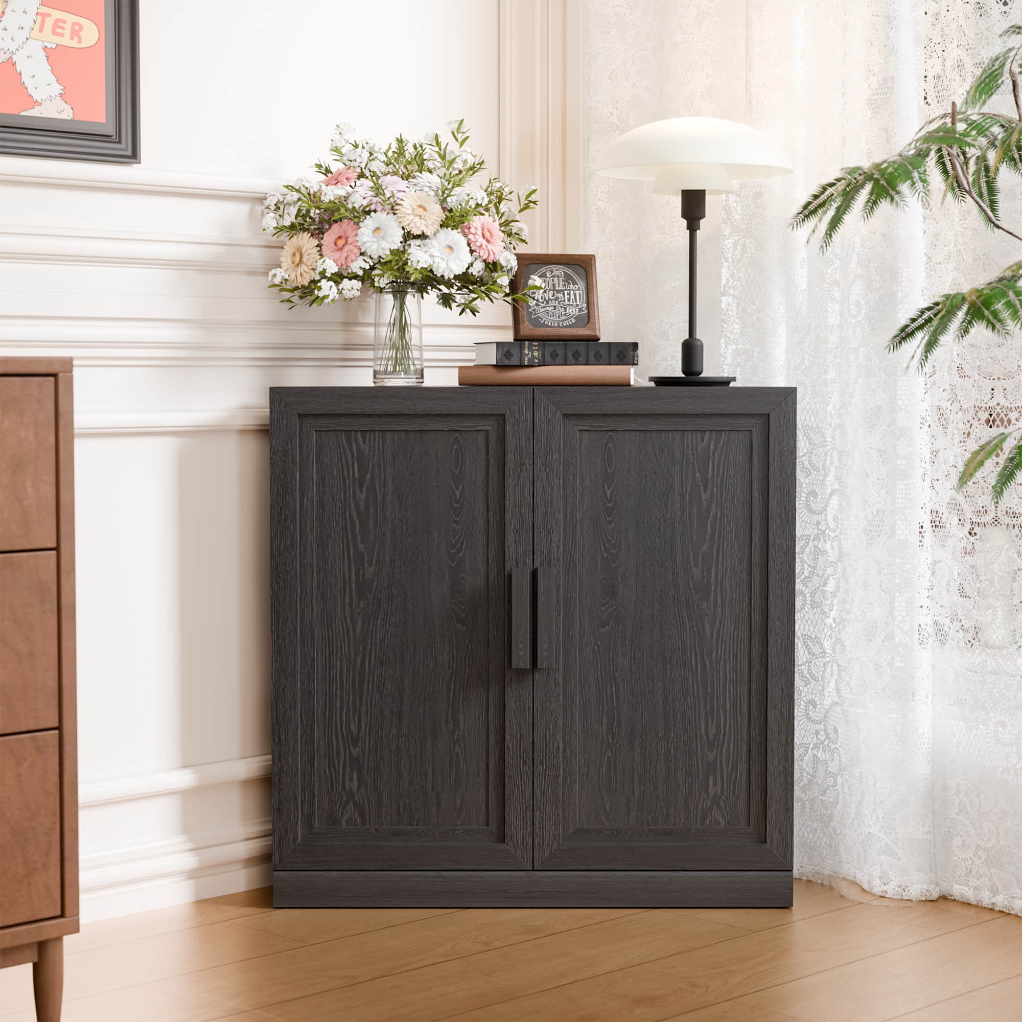 Lirago - Set of 2 Small Corner Accent Cabinets with Solid Wood Doors Color 31"Hx31"Wx16"D - Black