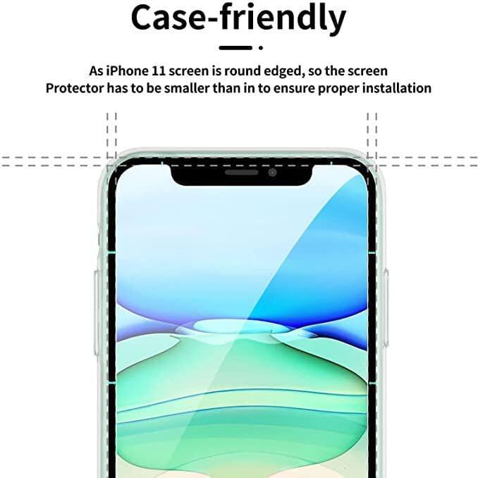 Case-friendly. As iPhone 11 screen is round edged, so the screen protector has to be smaller than in to ensure proper installation.