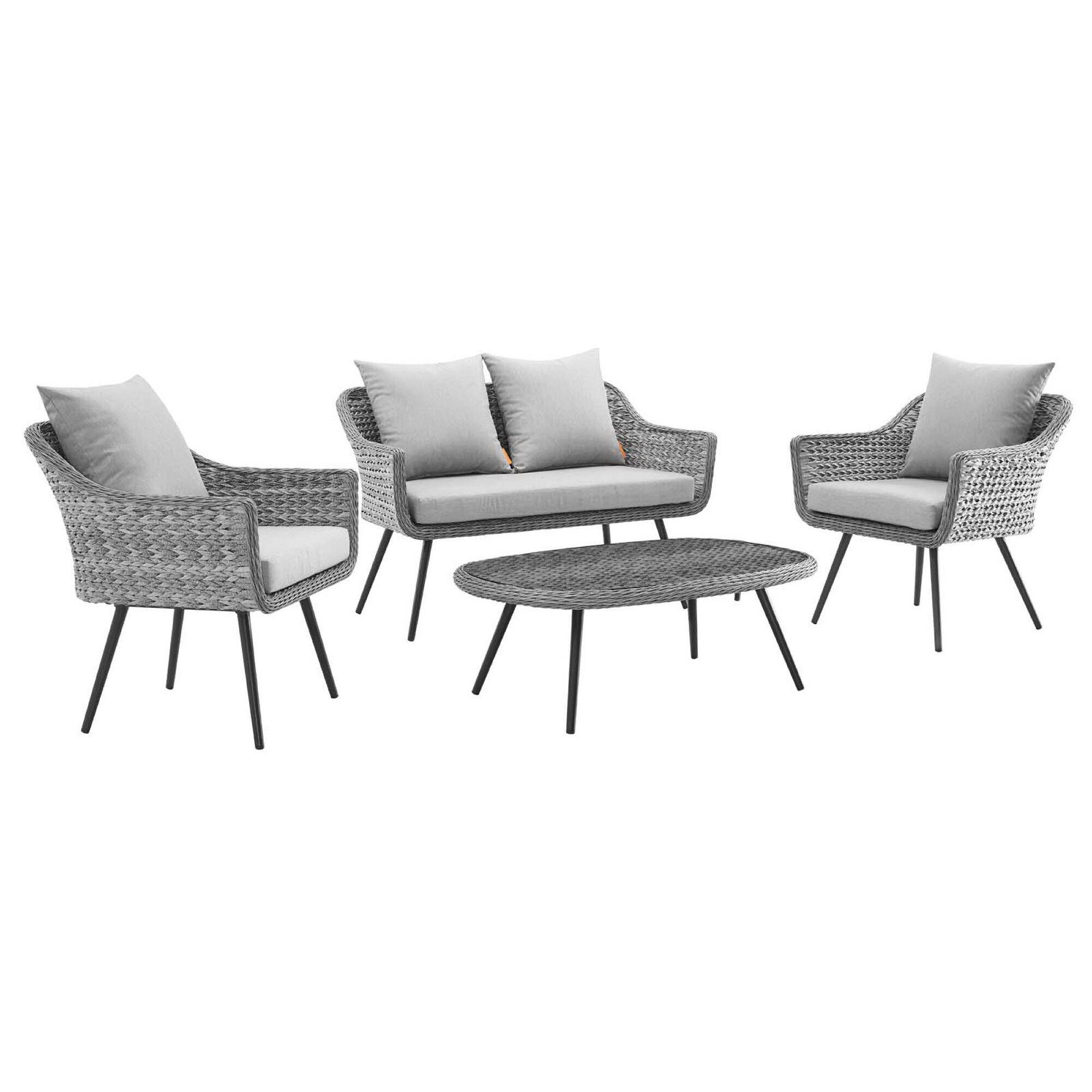 Angle. Modway - Endeavor 4 Piece Outdoor Patio Wicker Rattan Loveseat Armchair and Coffee Table Set by Modway - Gray Gray.